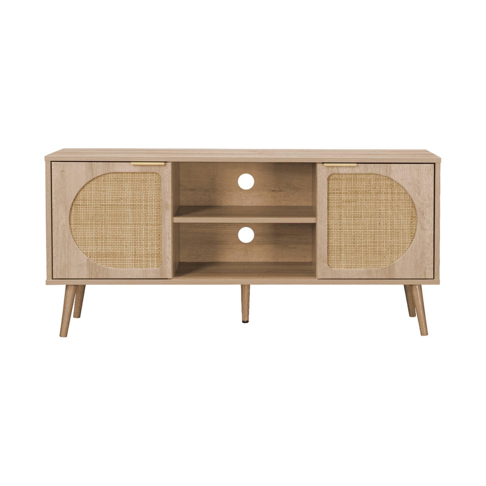Voir la diapositive 6 : SWEEEK Meuble TV. Eva. décor bois et cannage arrondi 2 portes. 1 étagère L120 x l39 x H56.5cm