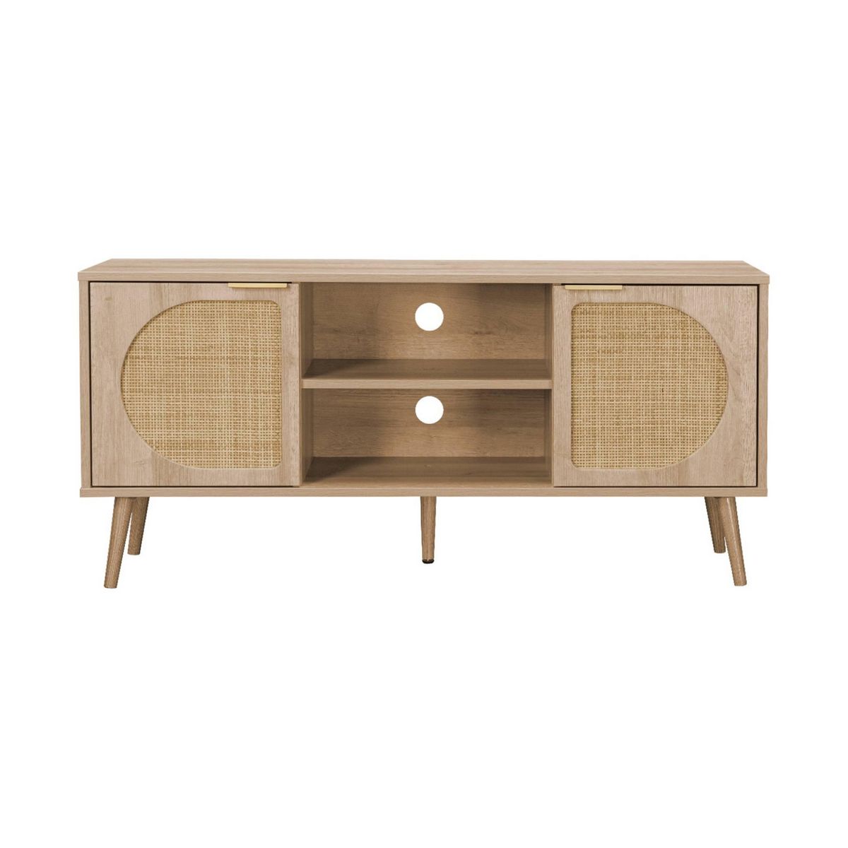 SWEEEK Meuble TV. Eva. décor bois et cannage arrondi 2 portes. 1 étagère L120 x l39 x H56.5cm