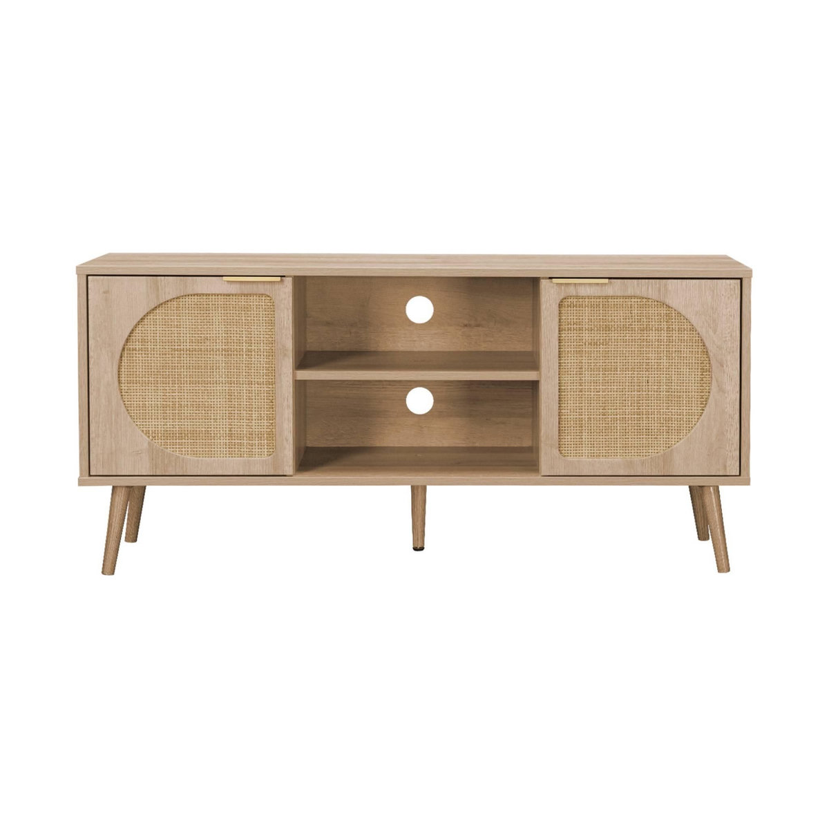 SWEEEK Meuble TV. Eva. décor bois et cannage arrondi 2 portes. 1 étagère L120 x l39 x H56.5cm