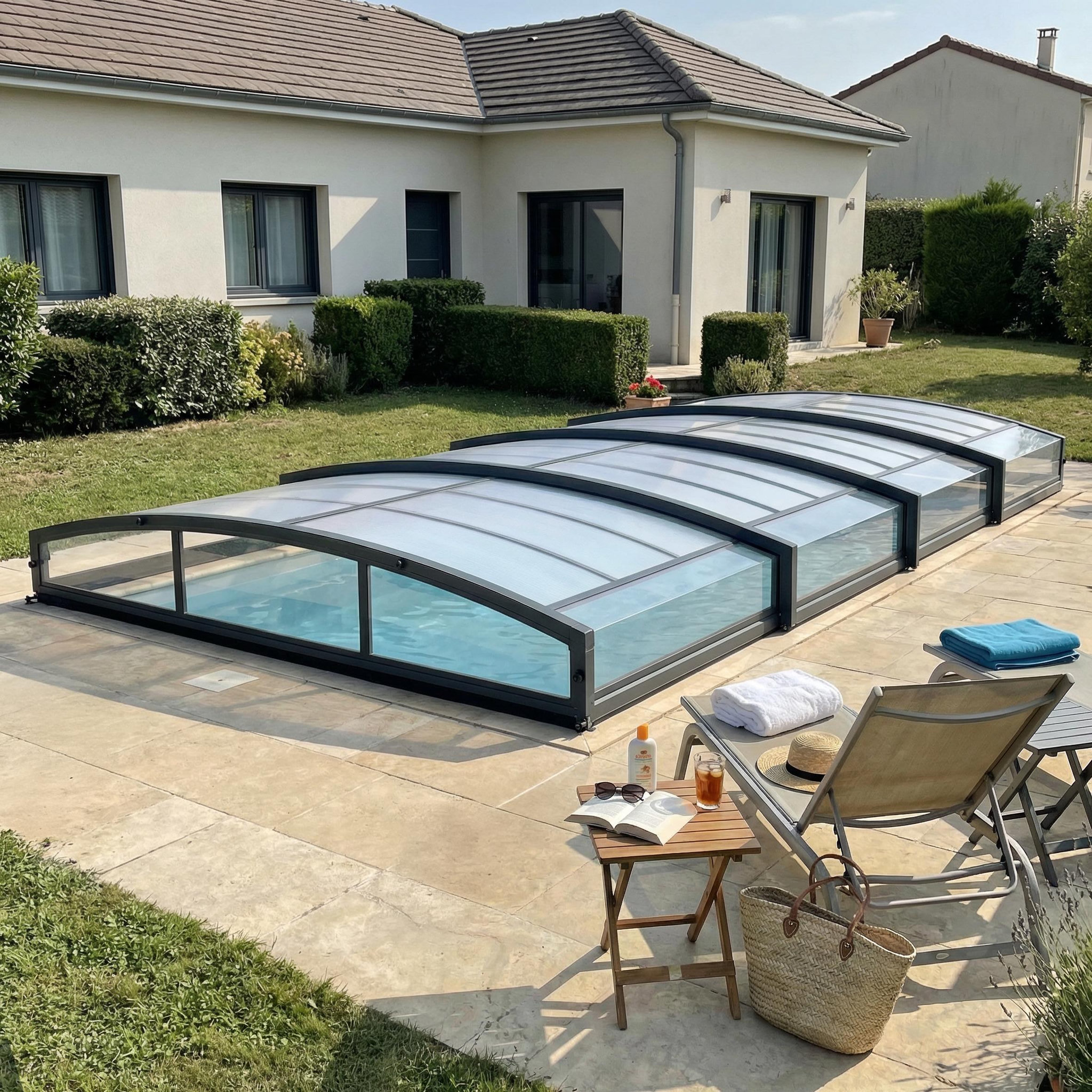 Voir la diapositive 2 : CANOPIA Abri piscine téléscopique Majorca 8,7 x 4,7 m Gris