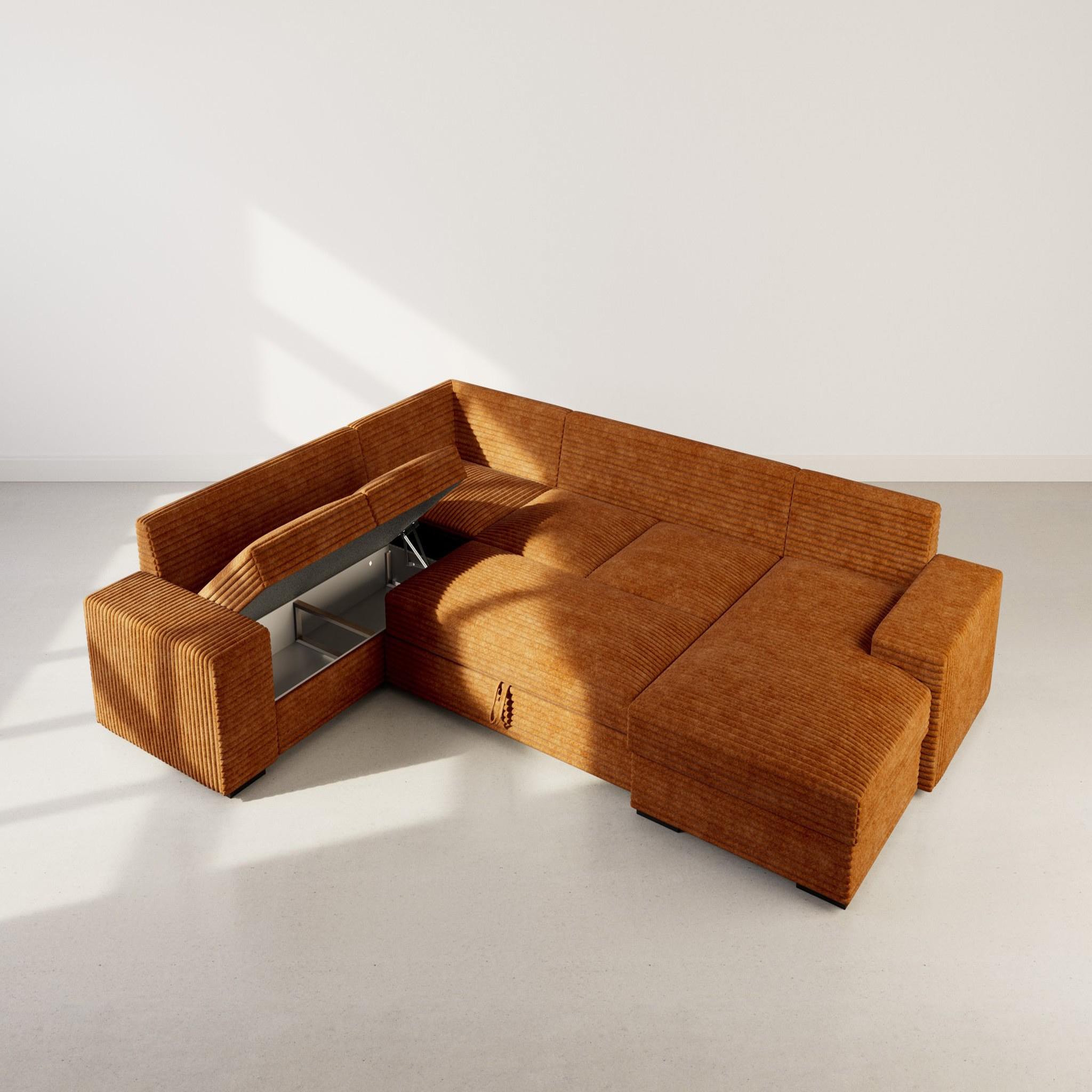 Voir la diapositive 4 : BEST MOBILIER Lorie - canapé panoramique d'angle gauche 7 places convertible en velours côtelé grosse côte avec coffre