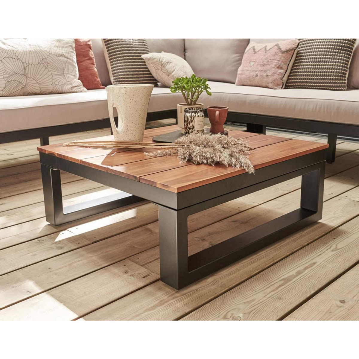 BEST MOBILIER Salome - salon bas de jardin 5 places + table - modulable - bois, métal et coussins beiges