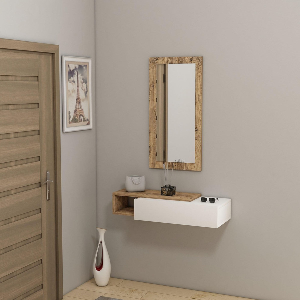 Habitat et Jardin Console avec miroir en bois  Vien   - 82 x 29 x 15 cm - Blanc