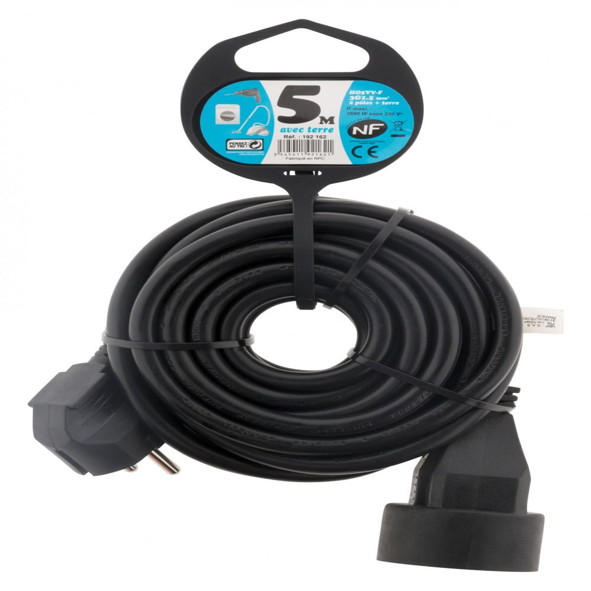 ZENITECH Rallonge électrique ménager avec terre L. 5 m ho5vvf 3g1.5, ZENITECH