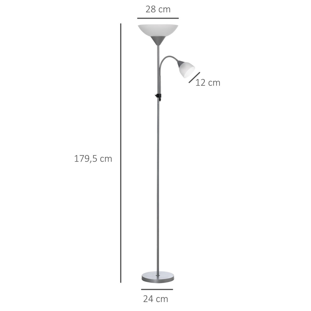 HOMCOM Lampadaire 2 têtes douilles E27 E14 base métal dim. Ø28 x 179,5H cm gris blanc