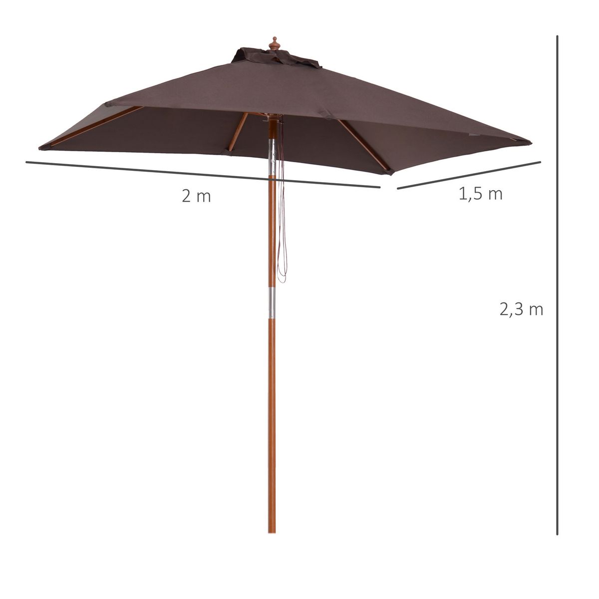 OUTSUNNY Parasol rectangulaire inclinable bois polyester haute densité 2L x 1,5l x 2,3H m chocolat