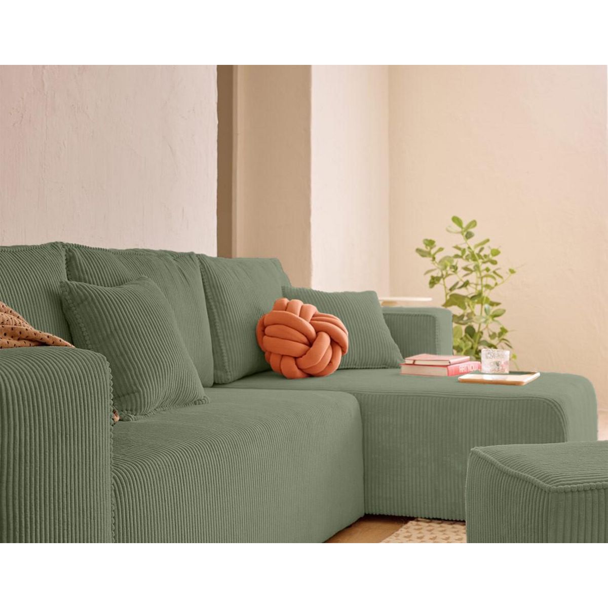 BEST MOBILIER Topaze - canapé d'angle réversible 4 places - convertible avec coffre, tablette et poufs - en velours côtelé