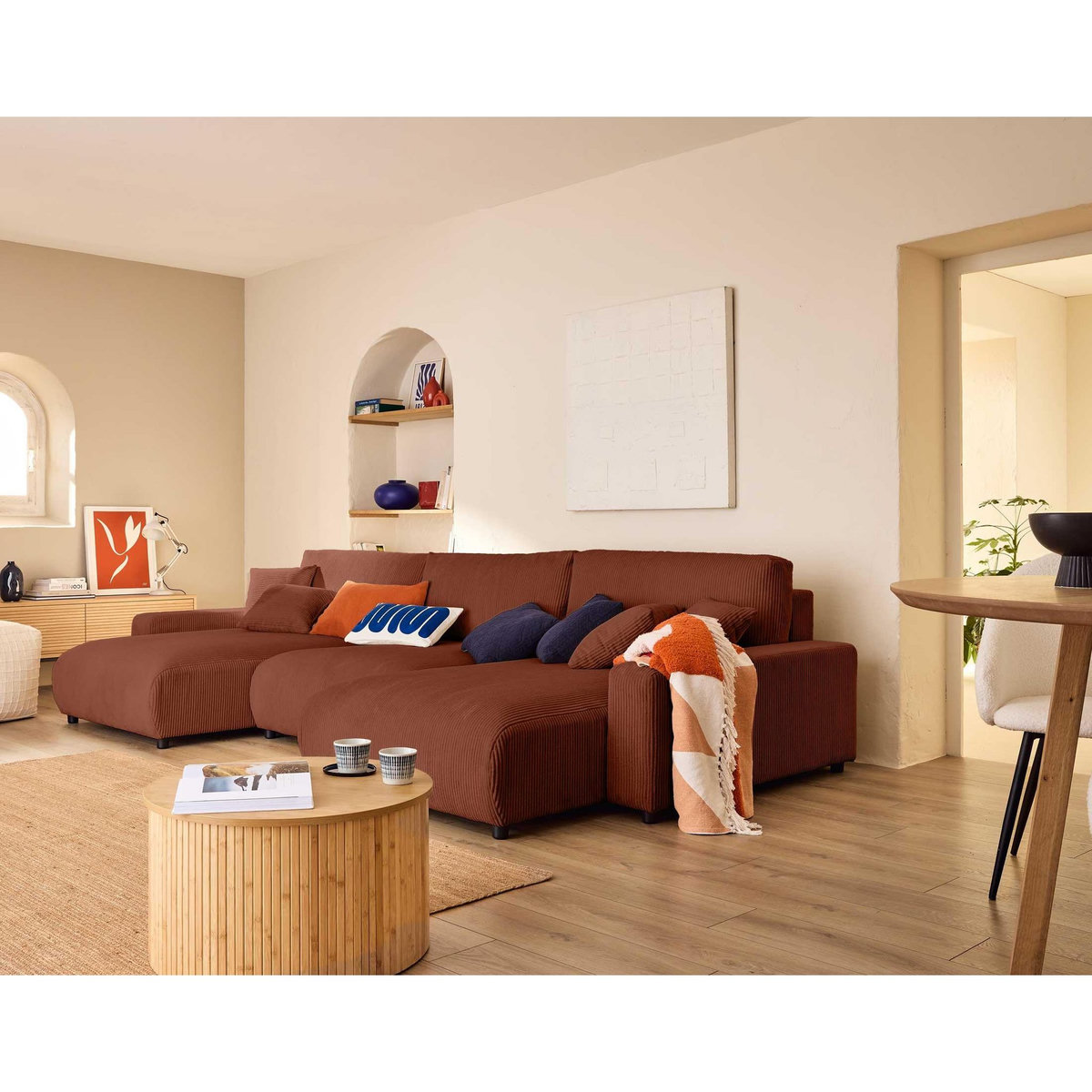 LISA DESIGN Pivoine - canapé panoramique en u - 7 places - convertible avec coffre - en velours côtelé