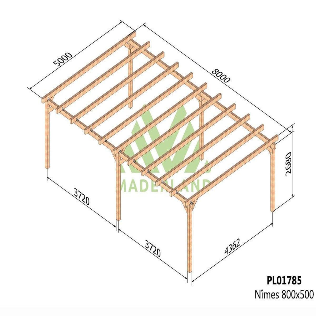 JARDIDECO Carport en bois lamellé-collé Nîmes 800 x 500 cm - Maderland