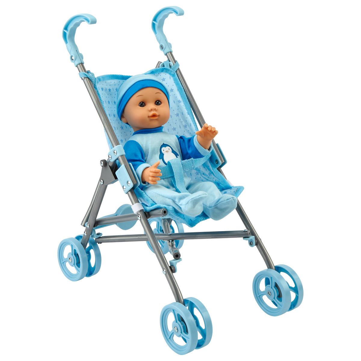 One Two Fun Poupon 35 cm avec poussette bleue