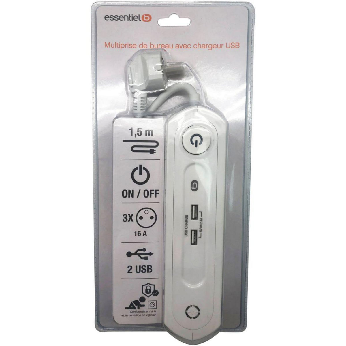 ESSENTIEL B Multiprise USB bureau switch 3 prises + 2 USB
