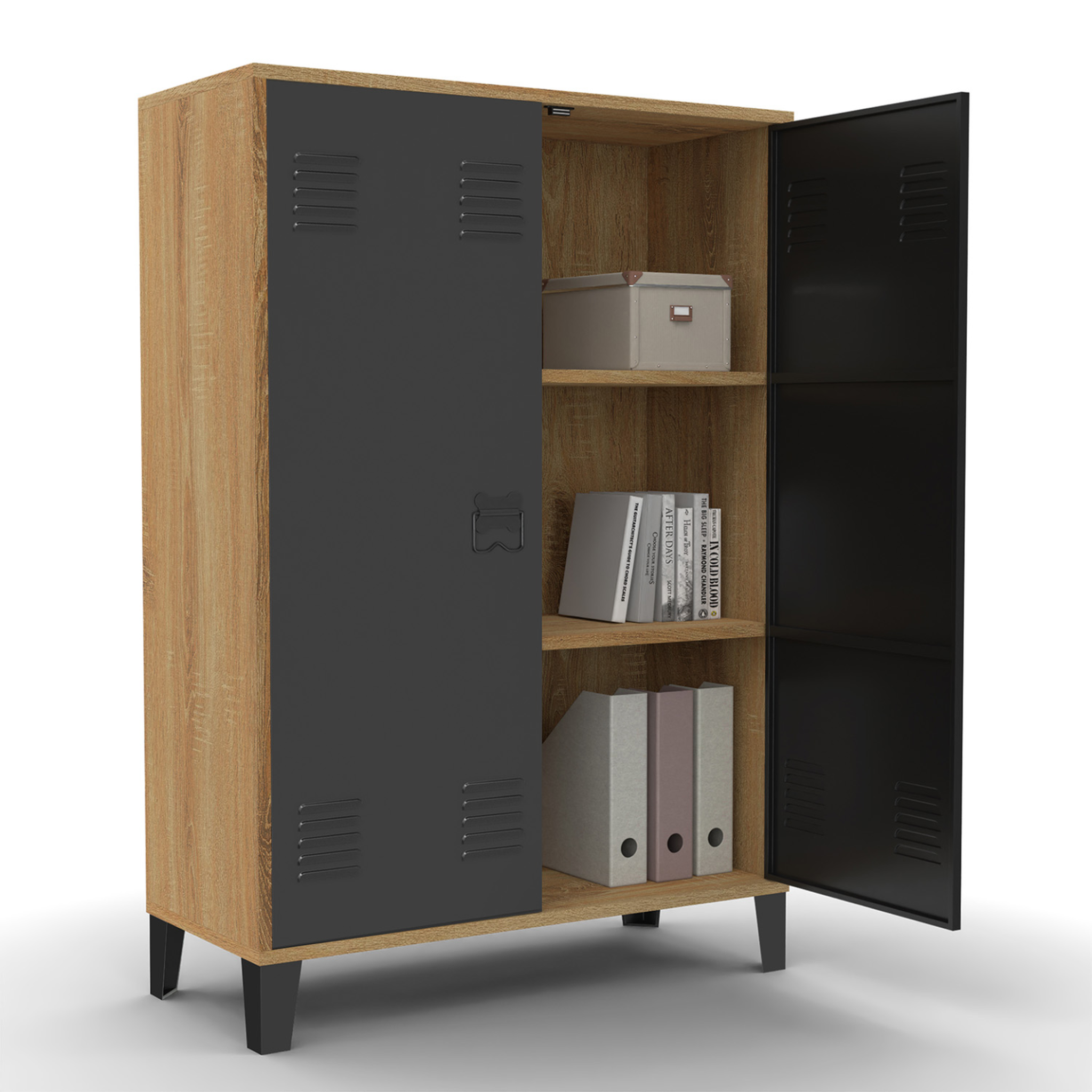 ID MARKET Armoire basse ester 2 portes métal noir et contour bois design industriel