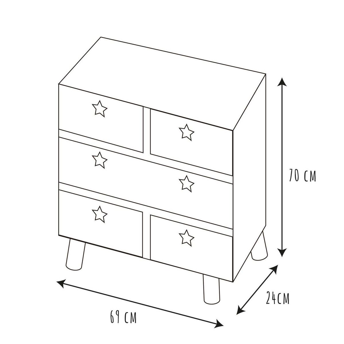 TOILINUX Commode 5 tiroirs Like a Star - en MDF et Bois de Pin - Blanc et Marron