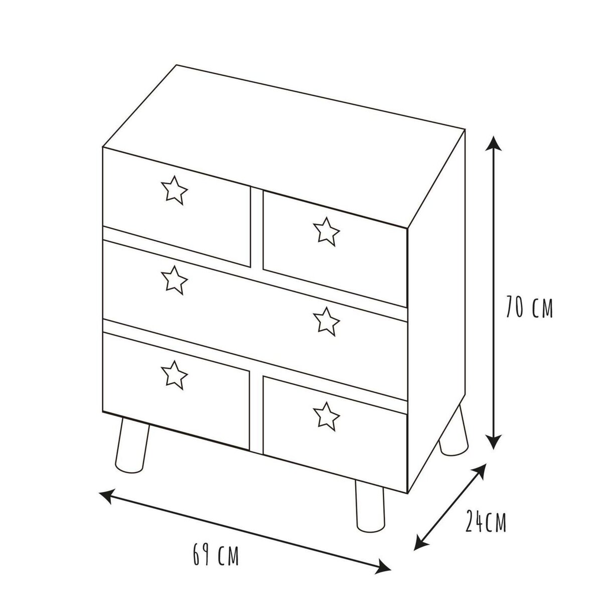 TOILINUX Commode 5 tiroirs Like a Star - en MDF et Bois de Pin - Blanc et Marron