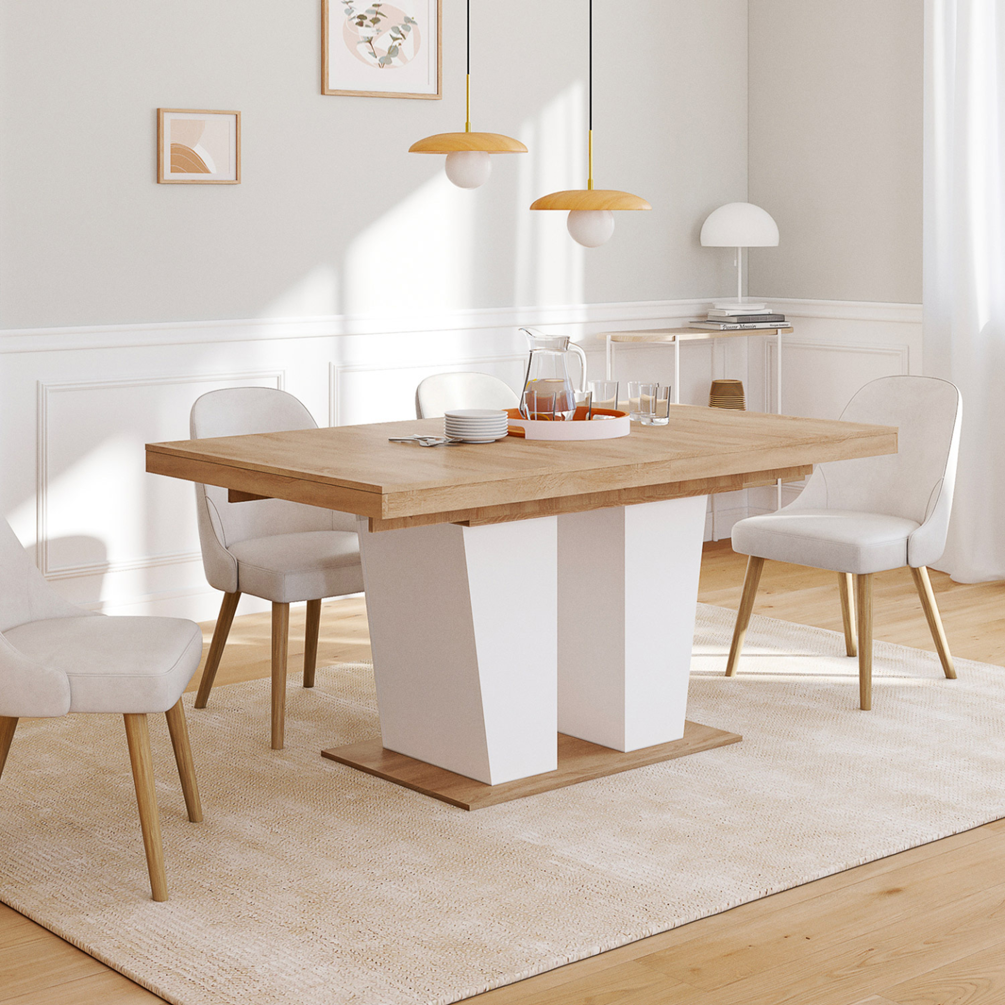 Voir la diapositive 4 : ID MARKET Table à manger extensible rectangle eliad 6-10 personnes bois et blanc 160-200 cm