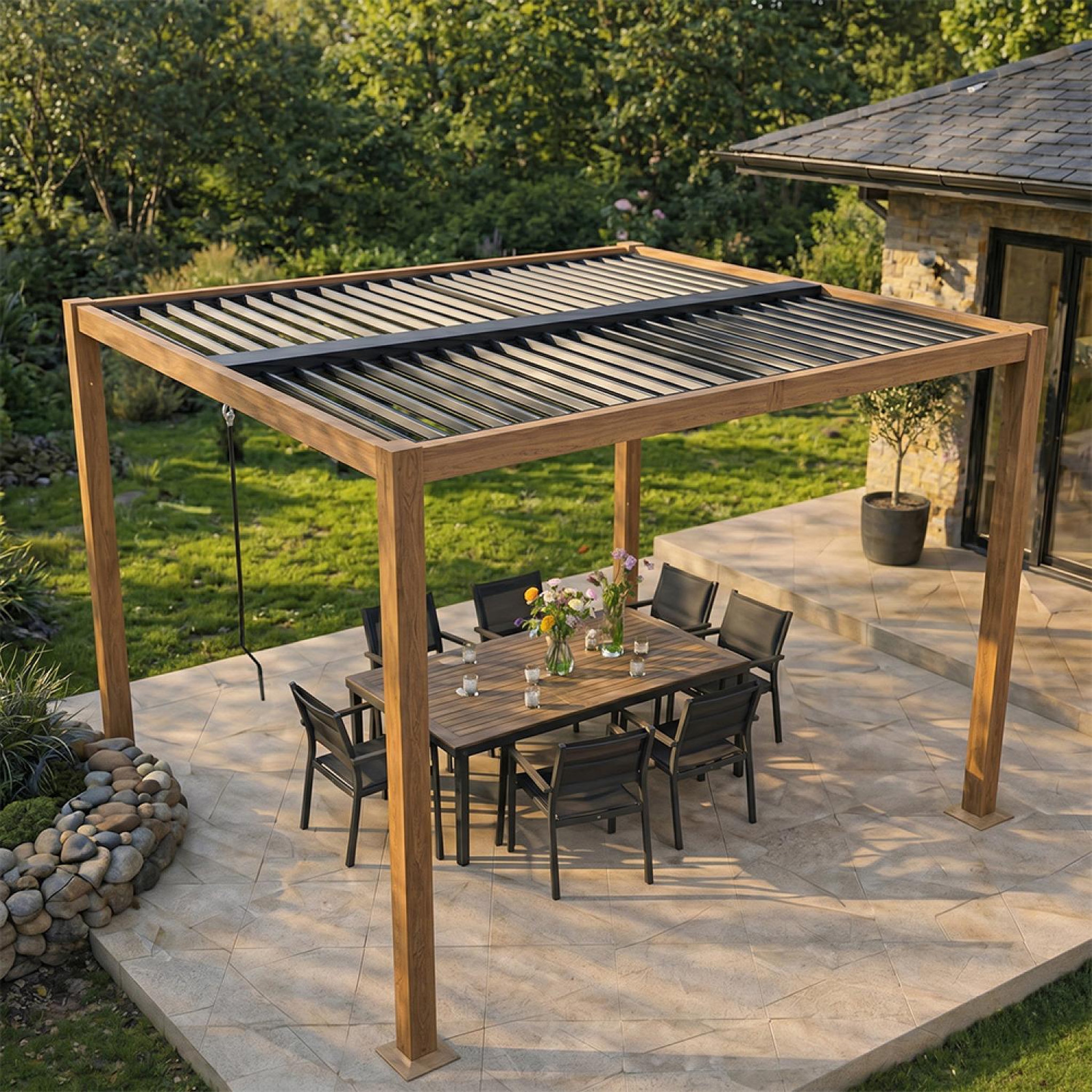 Voir la diapositive 6 : CONCEPT USINE Pergola bioclimatique structure et lames orientables en aluminium vert 3x3m rhodes