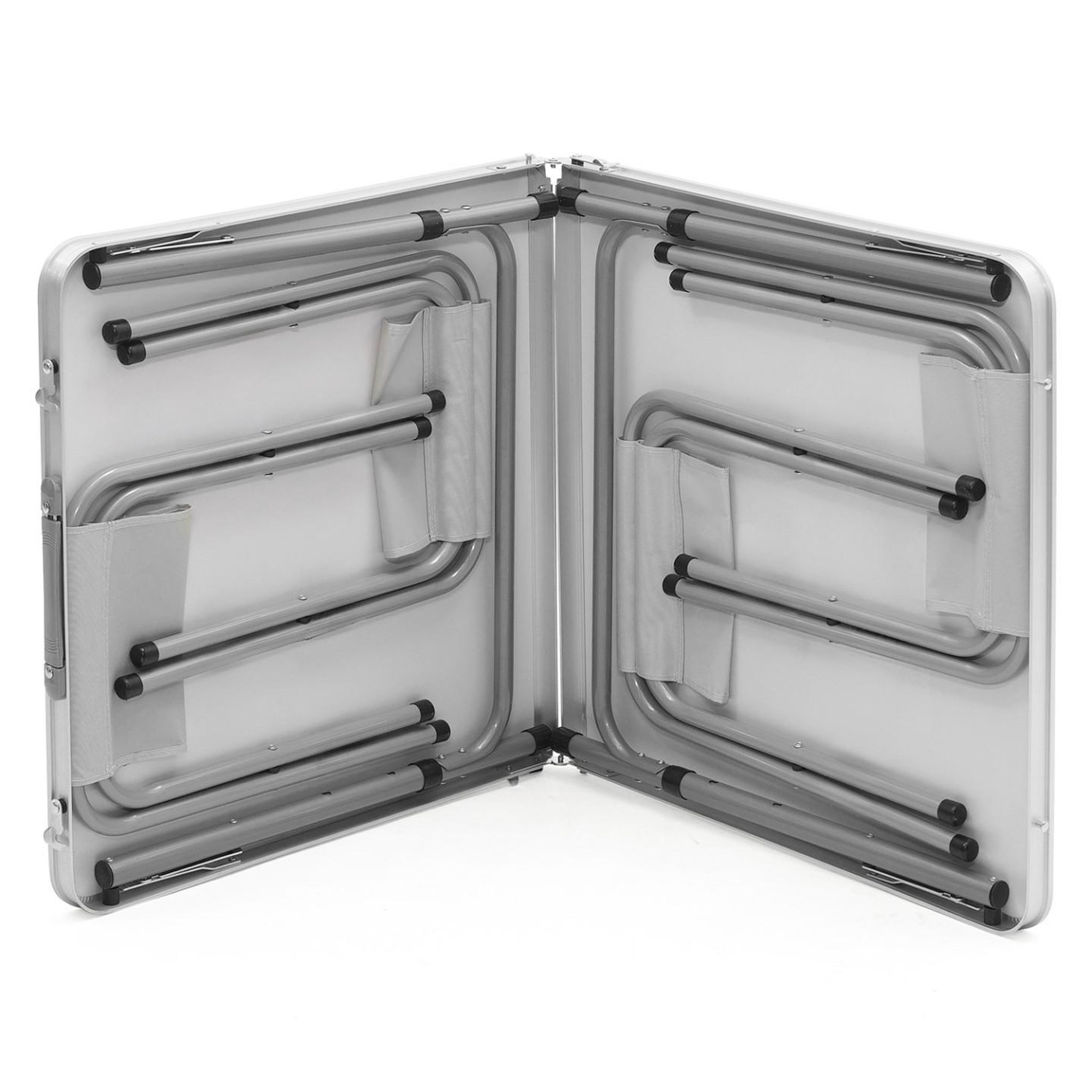 Voir la diapositive 4 : ID MARKET Table de camping pliante d'appoint 120 cm réglable en hauteur et 4 tabourets blancs