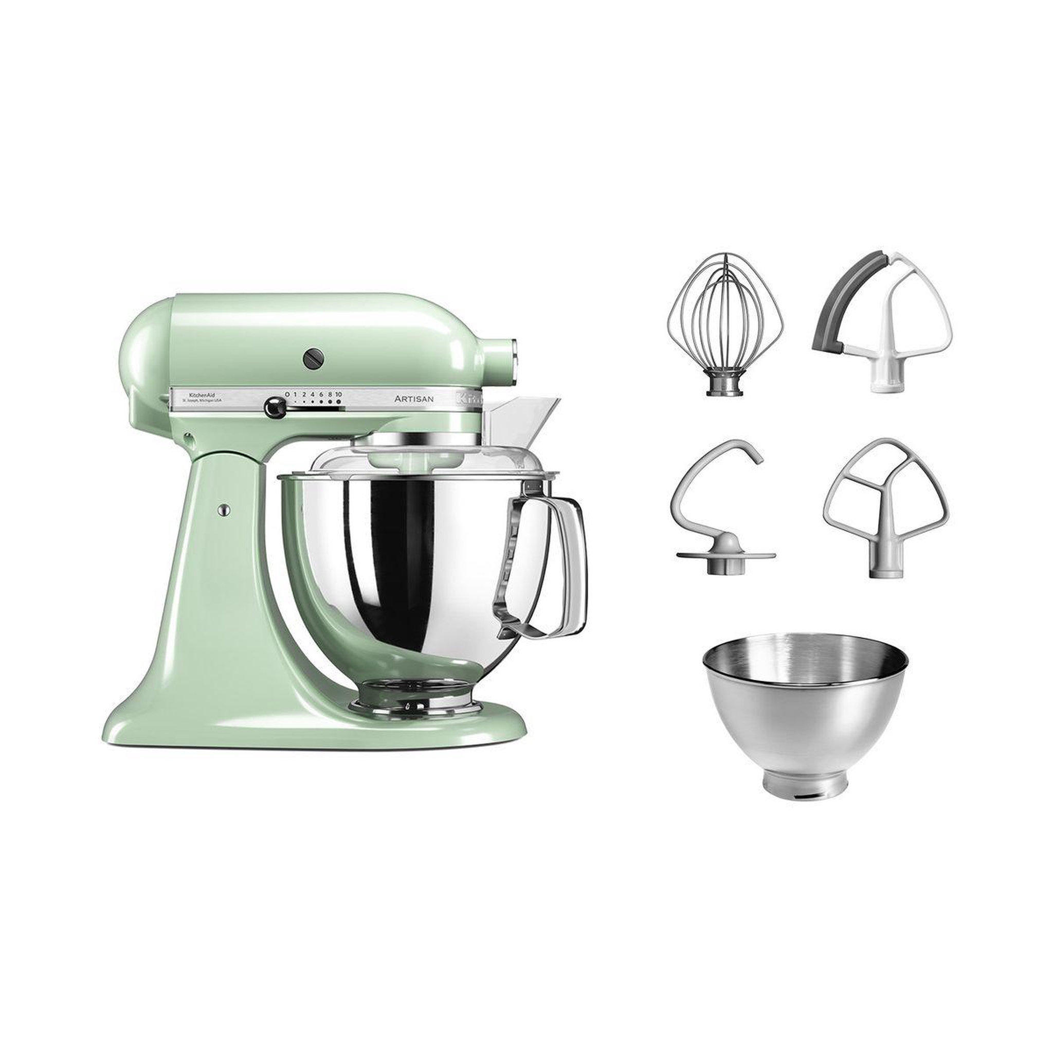 KitchenAid Robot pâtissier 5KSM175PSEPT Macaron Pistache, 4,8 L, bol avec poignée + bol 3 L, batteur souple et couvercle