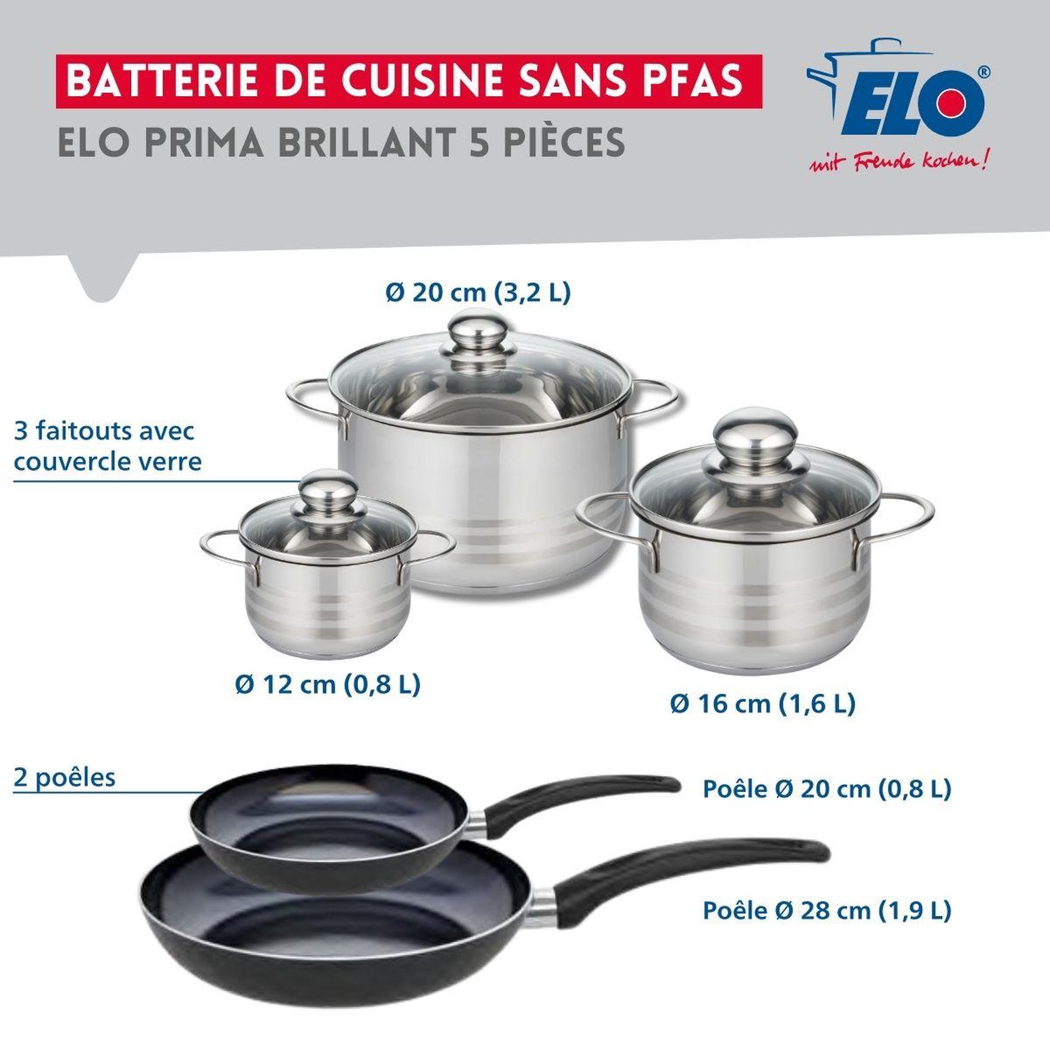 Voir la diapositive 2 : ELO Ensemble de 2 poêles de cuisson 20 et 28 cm et 3 faitouts 12, 16 et 20 cm elo prima brillant