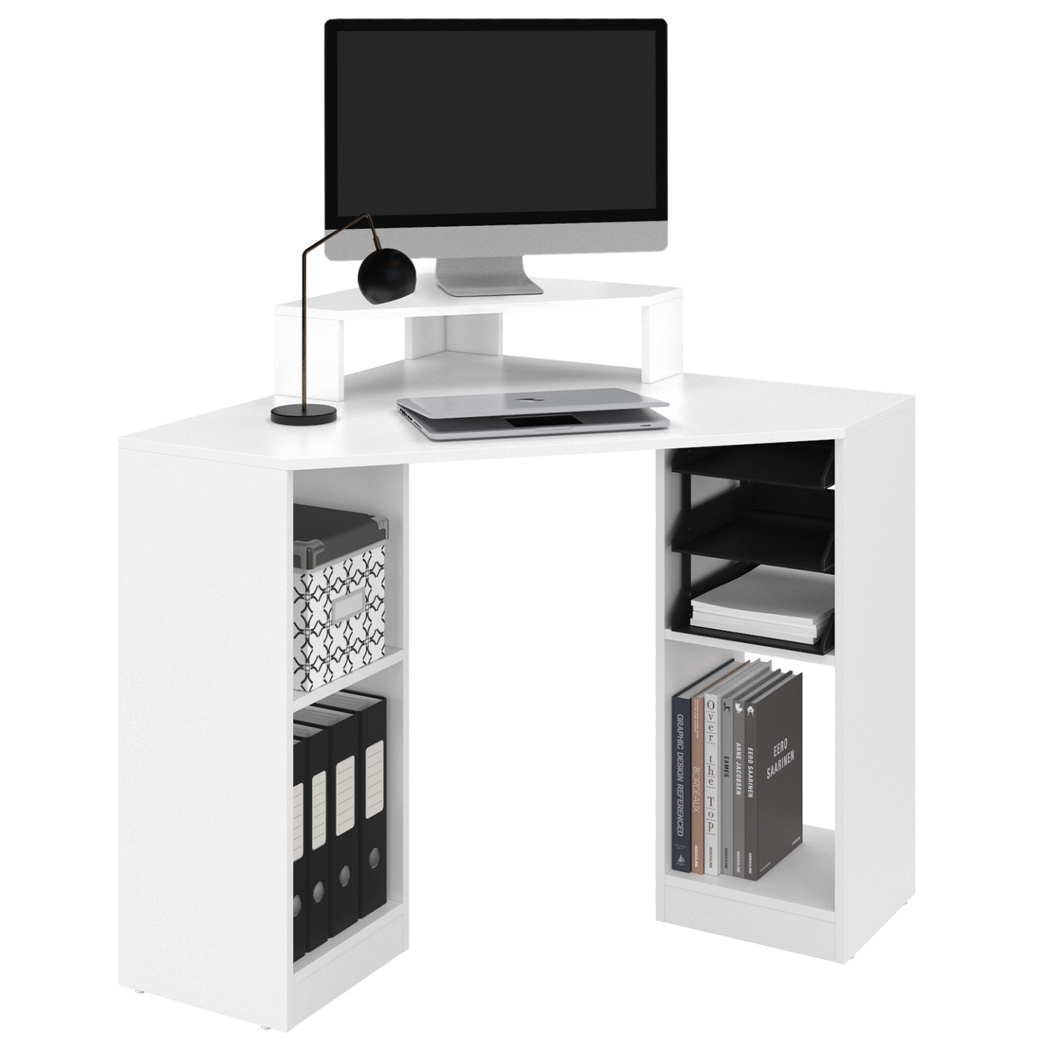 ID MARKET Bureau d'angle harry blanc gain de place bureau informatique avec rangements