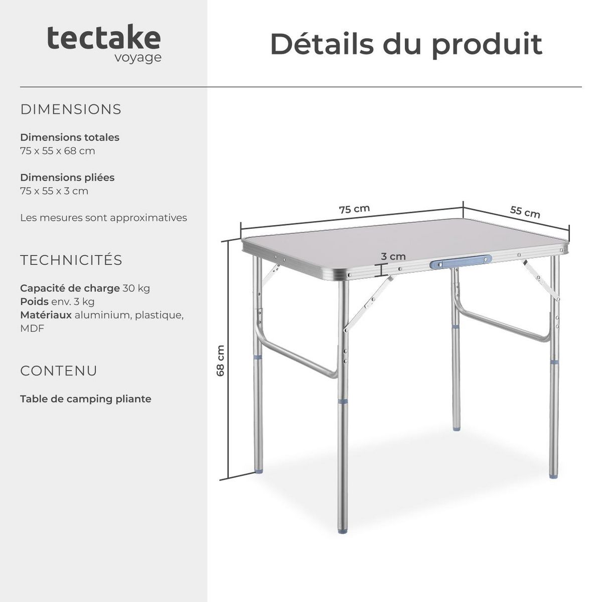 tectake Table de camping valise pliable gris