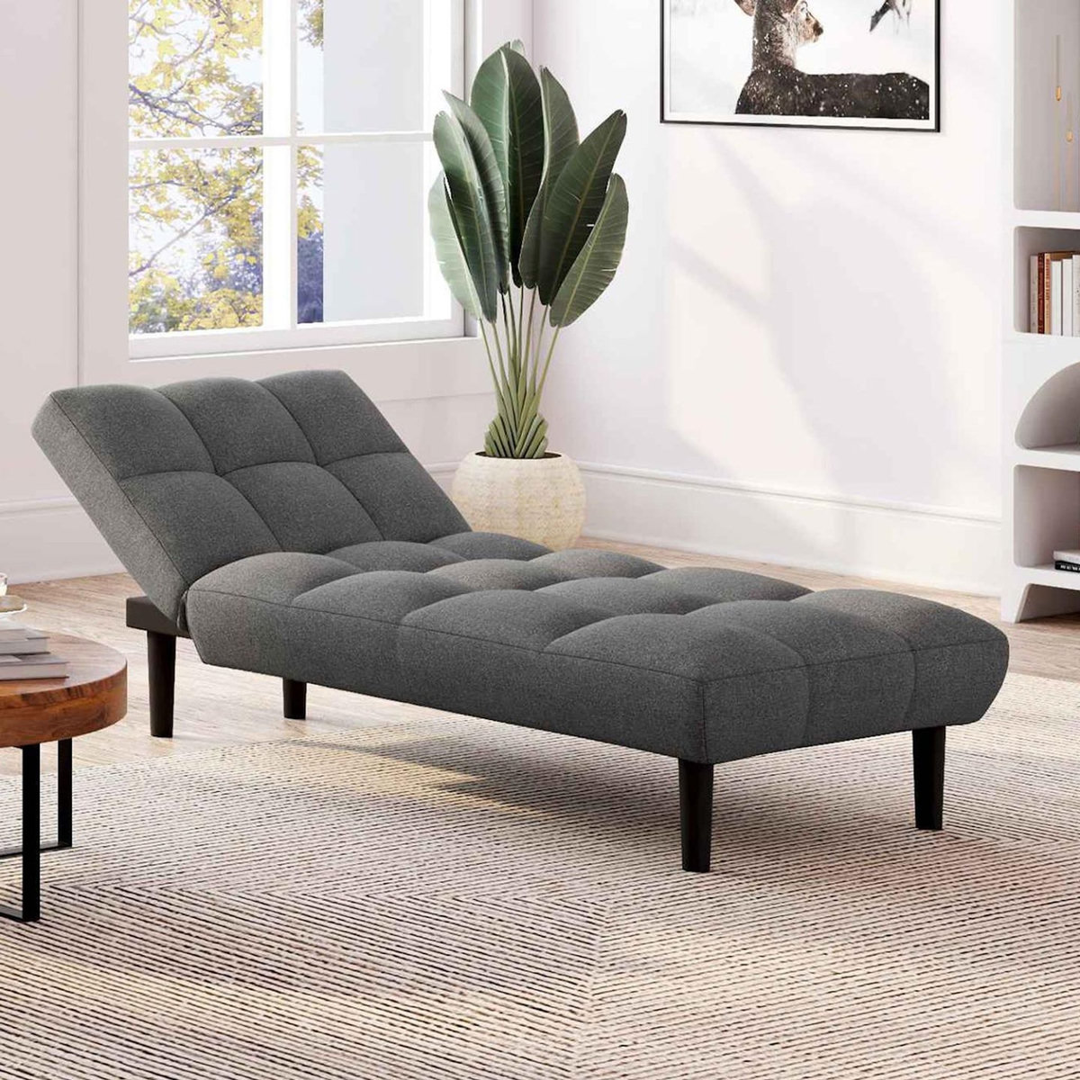 ID MARKET Méridienne clic clac capitonnée SALOME 80 x 180 cm en tissu gris anthracite