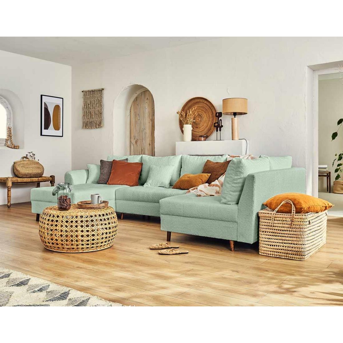 LISA DESIGN Rune - canapé panoramique d'angle droit - 7 places - avec pouf d'appoint - en tissu bouclette