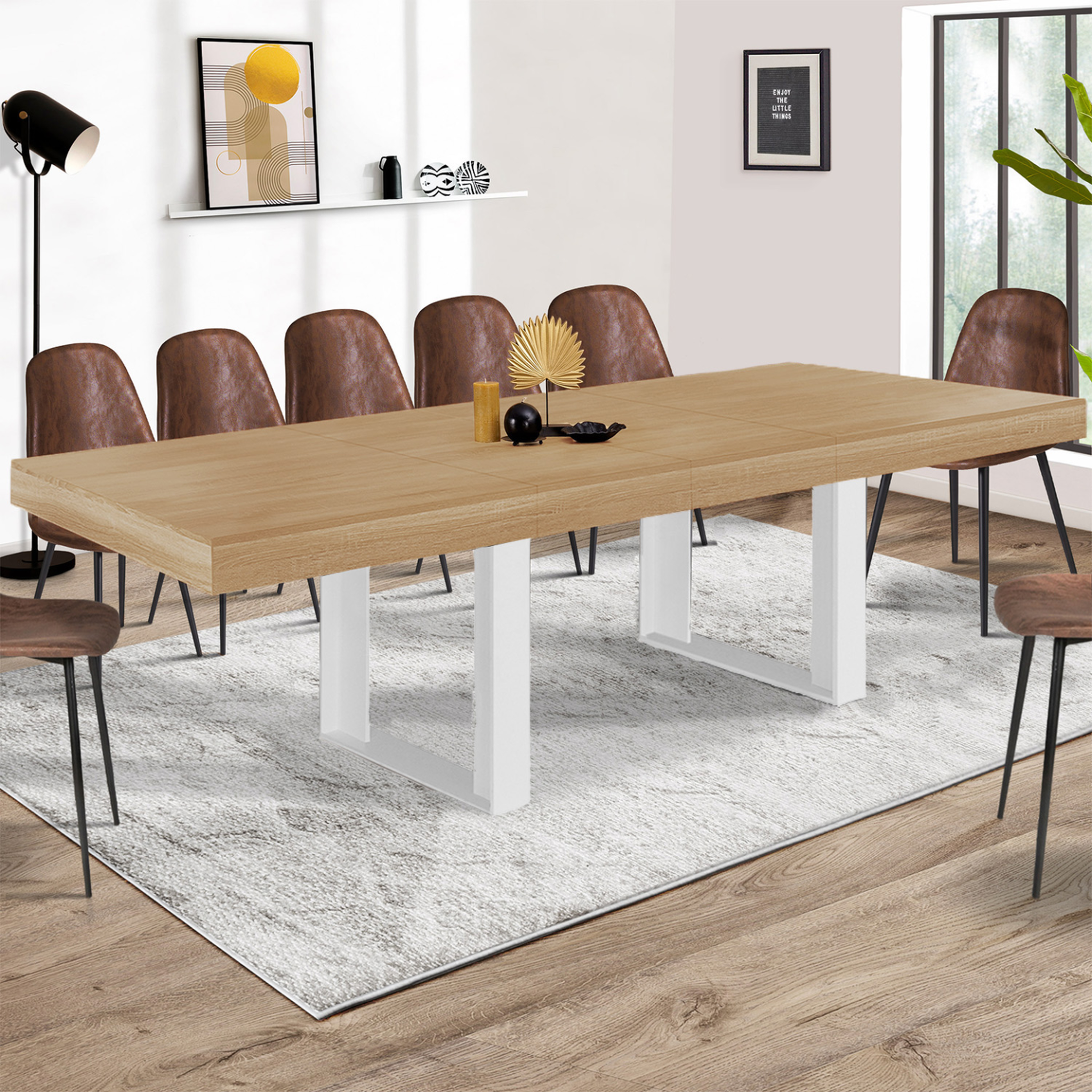 Voir la diapositive 2 : ID MARKET Table à manger extensible rectangle phoenix 6-12 personnes bois et blanc 200-300 cm