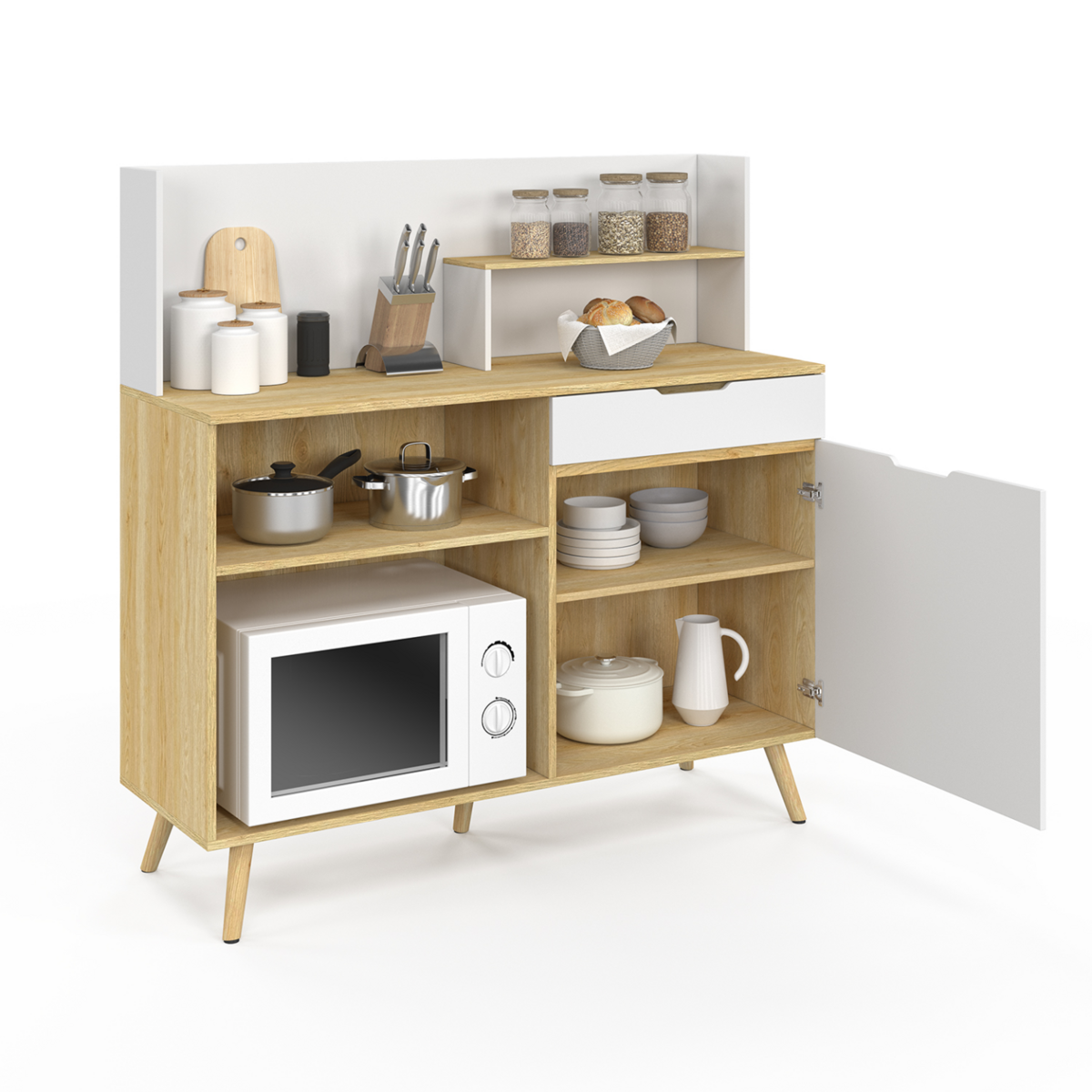 ID MARKET Buffet bas de cuisine 120 CM OLAF plan de travail H.83 cm 1 porte + 1 tiroir façon hêtre et blanc