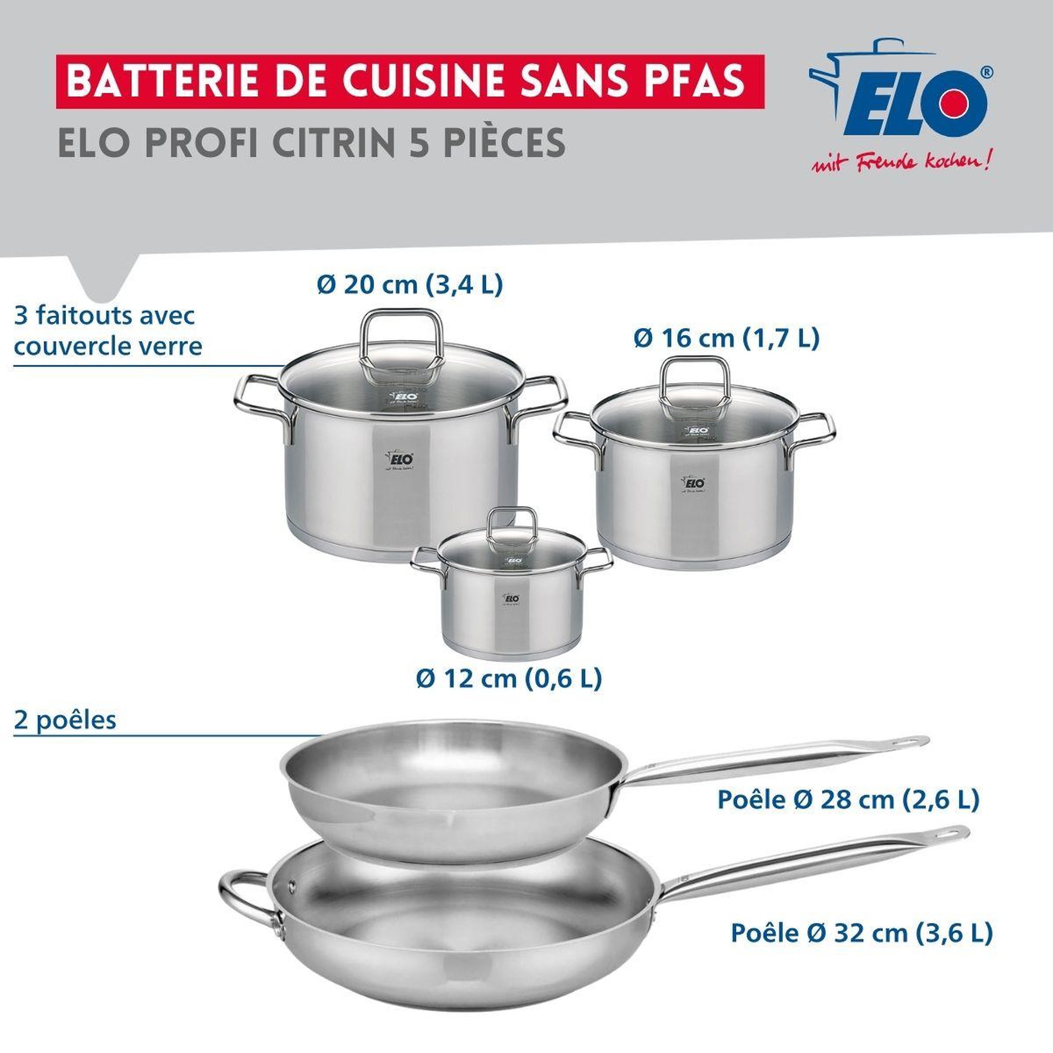 Voir la diapositive 2 : ELO Ensemble de 2 poêles de cuisson 28 et 32 cm et 3 faitouts 12, 16 et 20 cm elo profi citrin