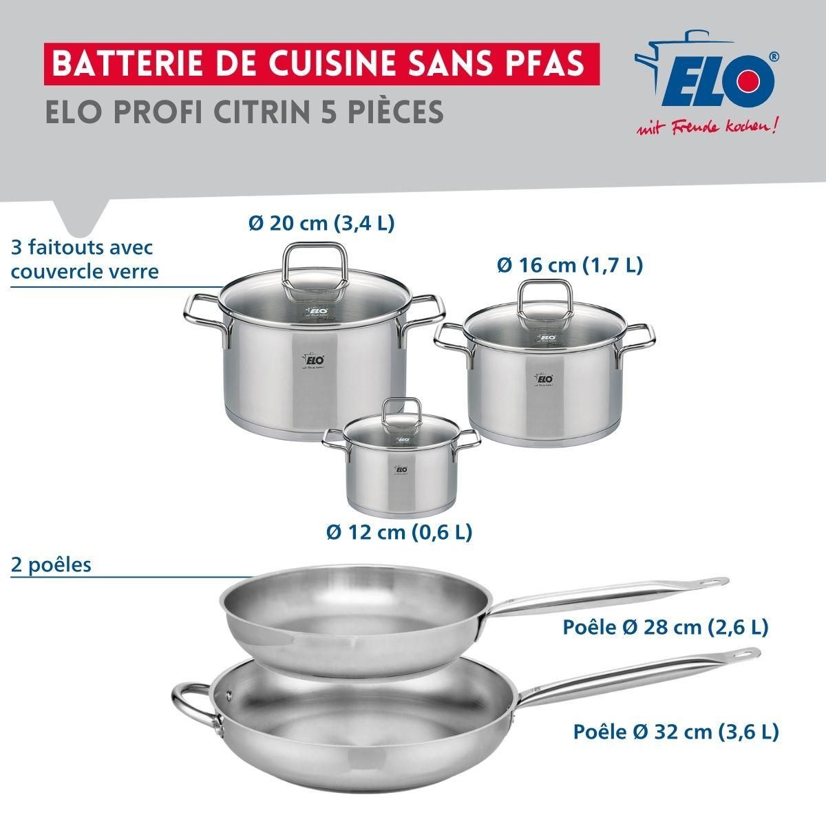 ELO Ensemble de 2 Poêles de cuisson 28 et 32 cm et 3 faitouts 12, 16 et 20 cm Elo Profi Citrin