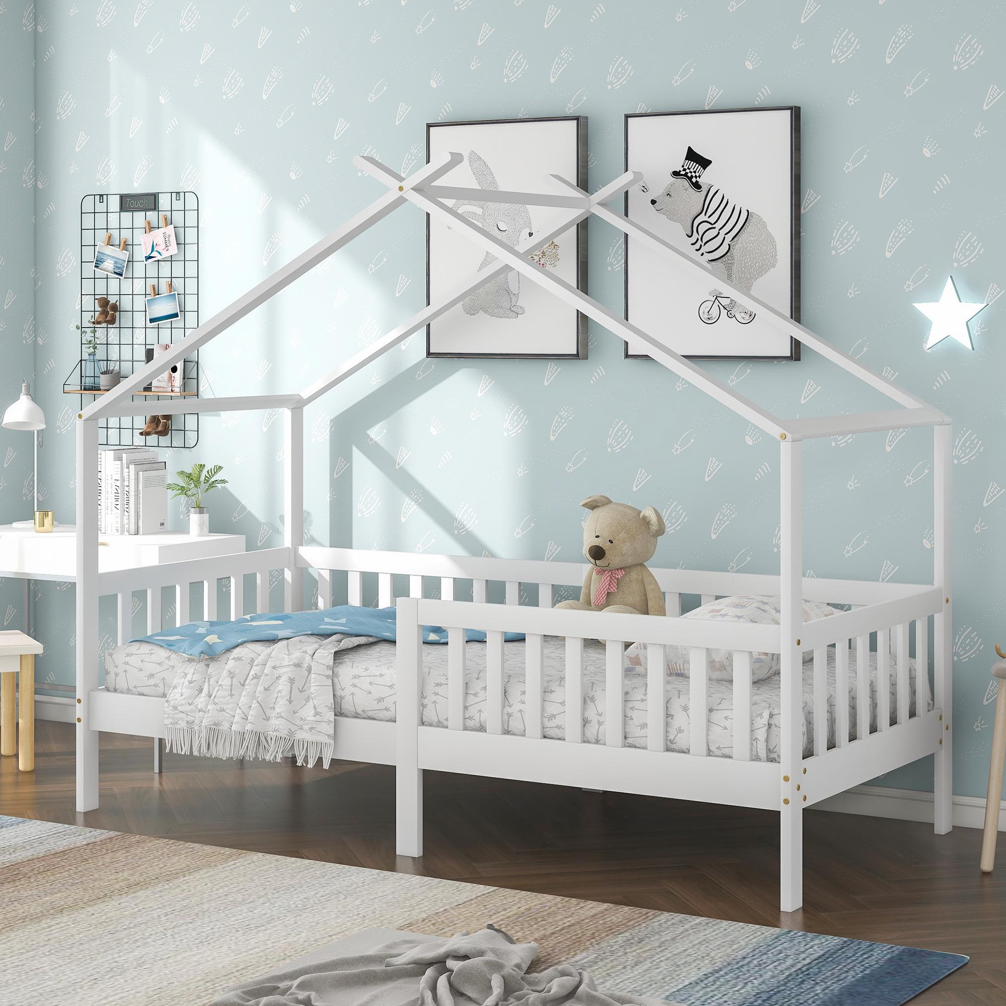 Voir la diapositive 4 : MERAX Lit cabane enfant 90x200cm pin coloris blanc