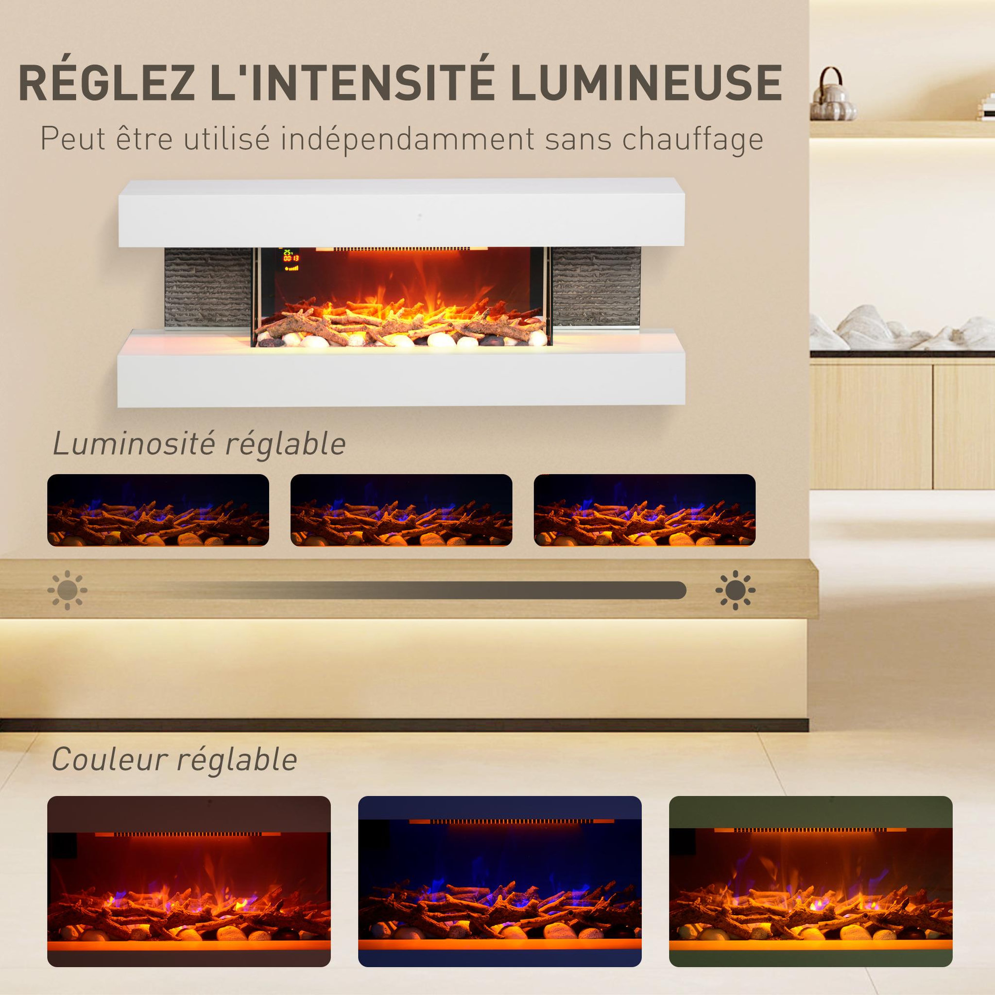 Voir la diapositive 4 : HOMCOM Cheminée électrique design contemporain 2000W effets flammes LED 3D dim. 119L x 30l x 45H cm éléments décoratifs télécommande inclus blanc