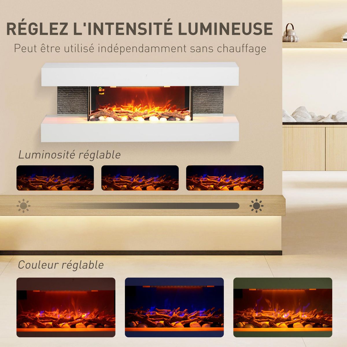 HOMCOM Cheminée électrique design contemporain 2000W effets flammes LED 3D dim. 119L x 30l x 45H cm éléments décoratifs télécommande inclus blanc
