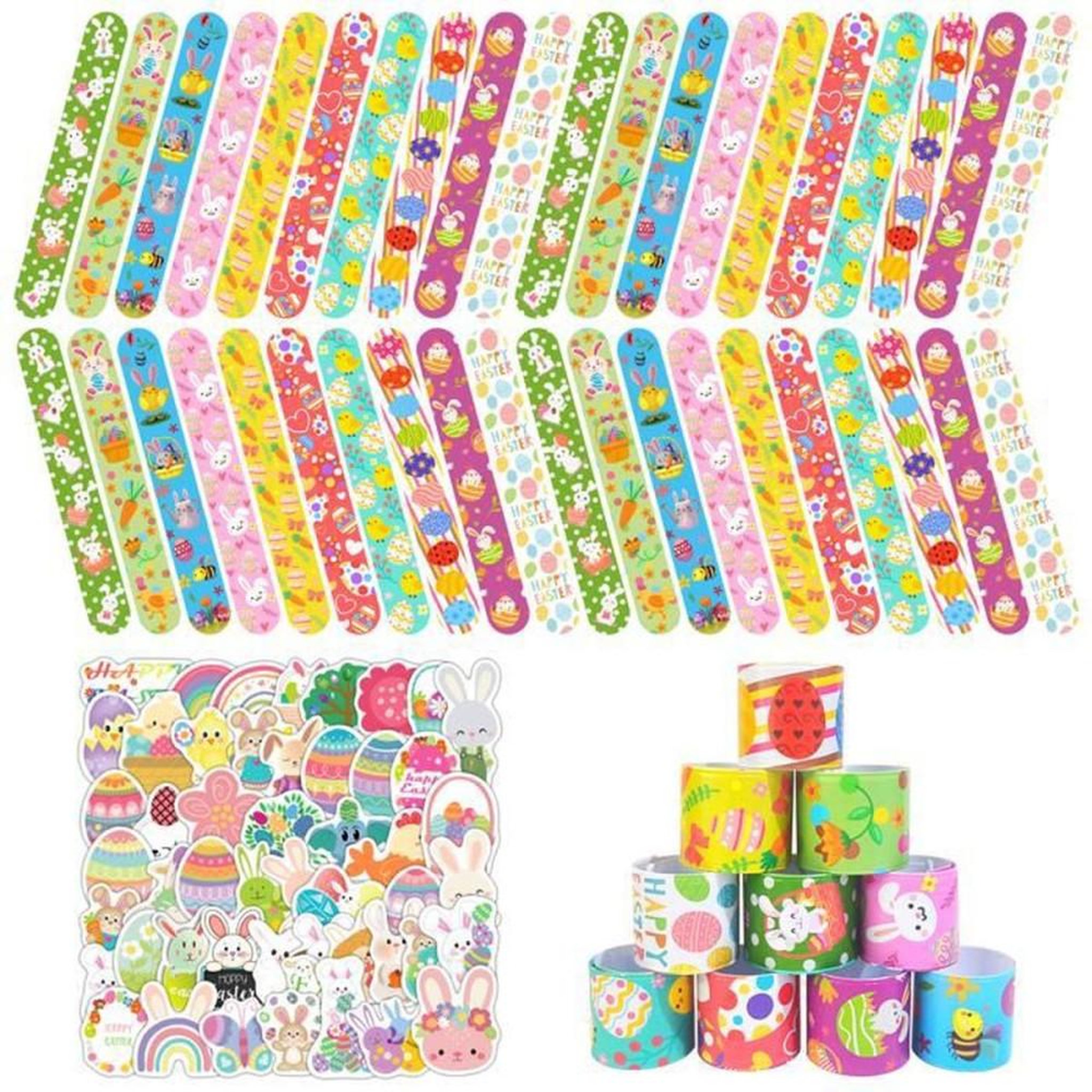 Set de stickers de Pâques multicolores pour enfants, motifs variés œufs lapins paniers fleurs, autocollants et bandes à claquer, tailles 3 à 22,2 cm