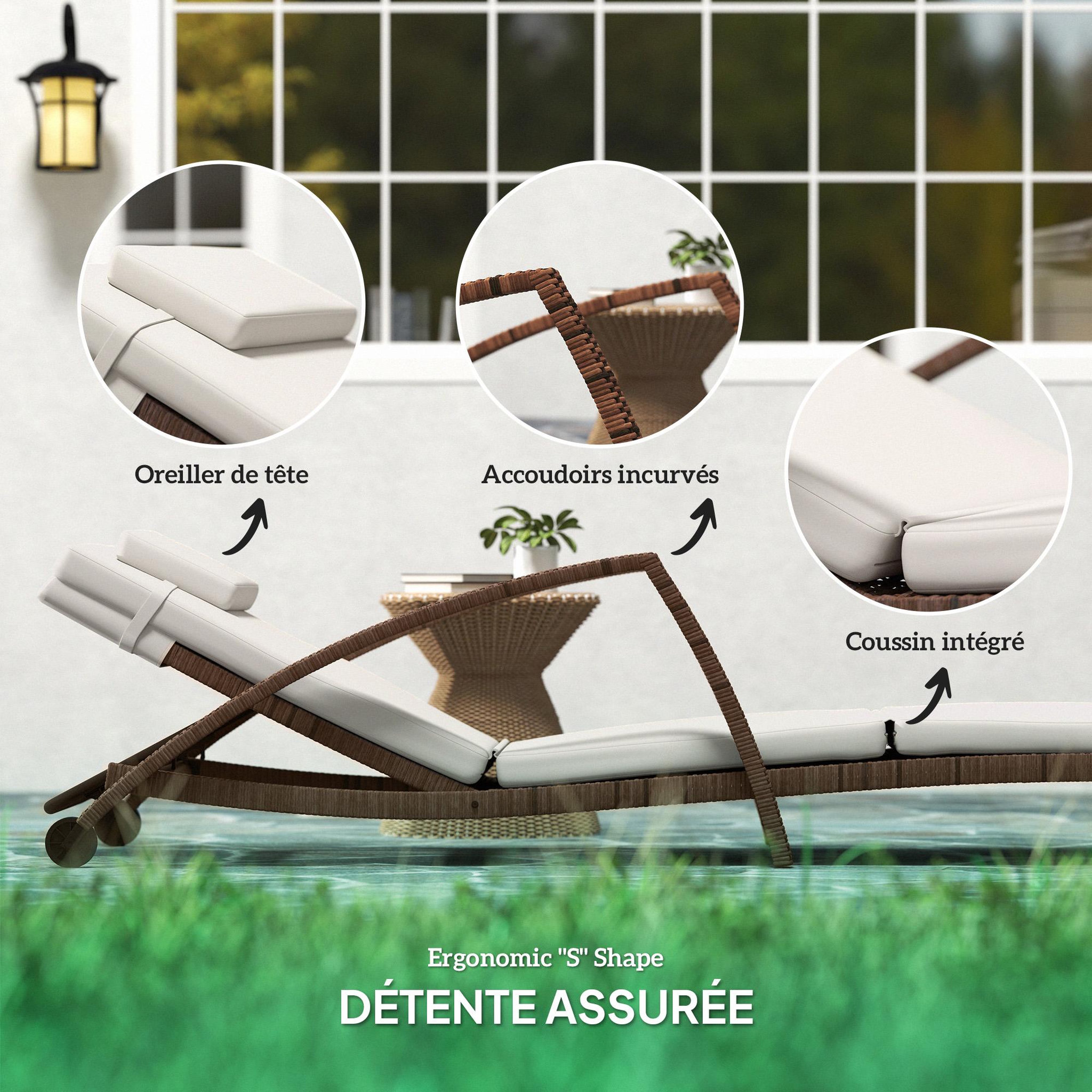 Voir la diapositive 6 : OUTSUNNY Bain de soleil transat style colonial résine tressée - inclinable, 2 roulettes, accoudoirs - matelas tétière beige