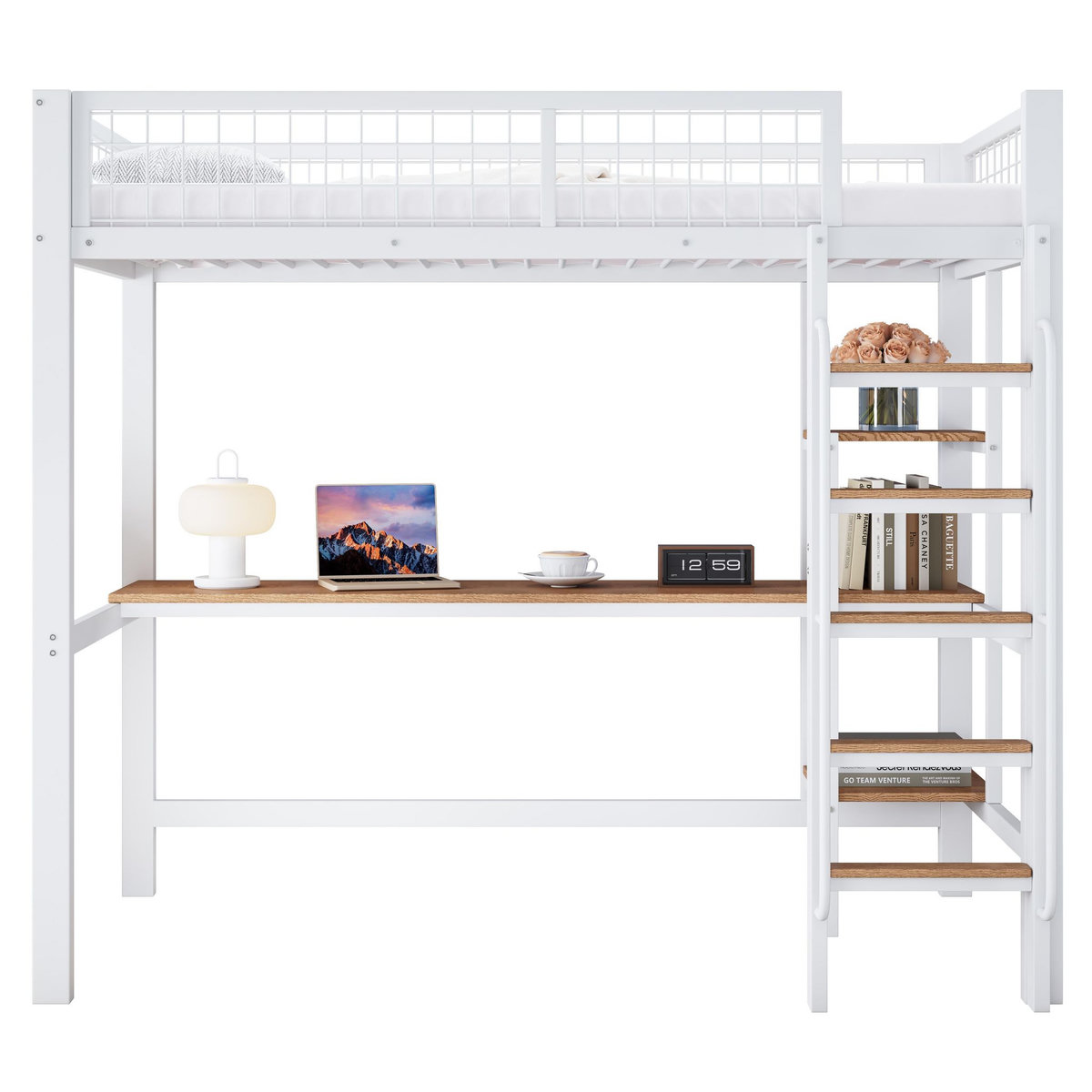 MERAX Lit mezzanine 90x200cm métal et bois coloris blanc