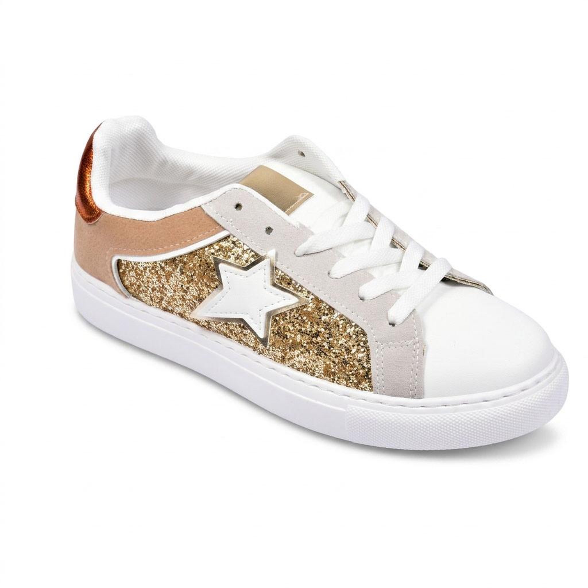 Voir la diapositive 1 : OZABI OZABI Sneakers Glitter Étoile Femme Plateforme Argent Or