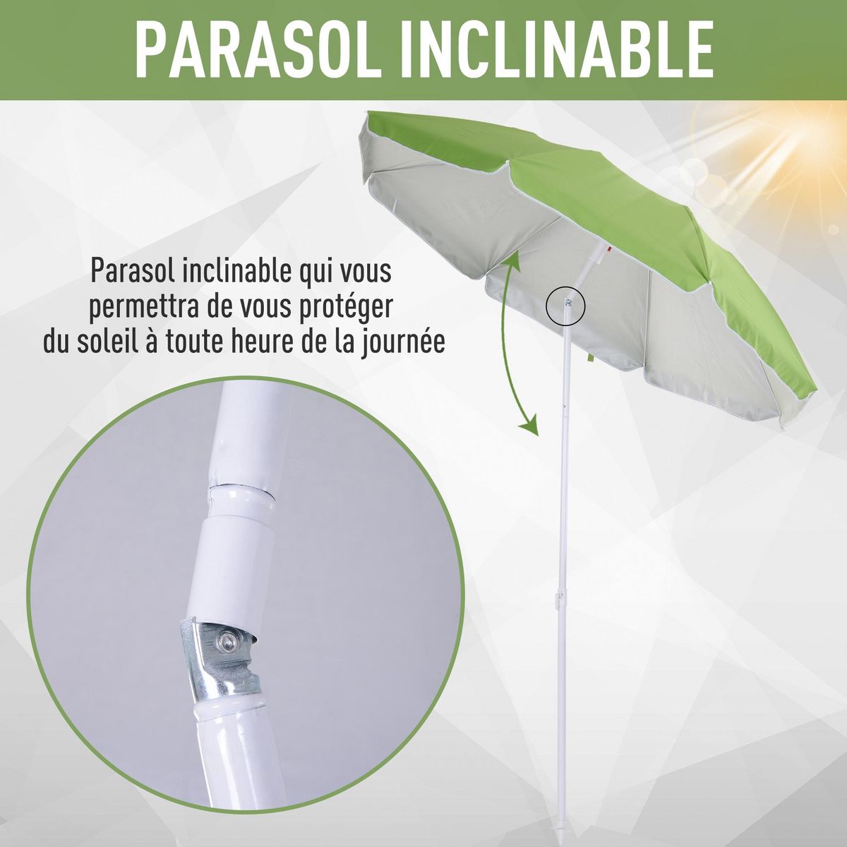 OUTSUNNY Parasol inclinable octogonal de plage Ø 150 cm tissu polyester haute densité anti-UV mât démontable sac de transport inclus vert