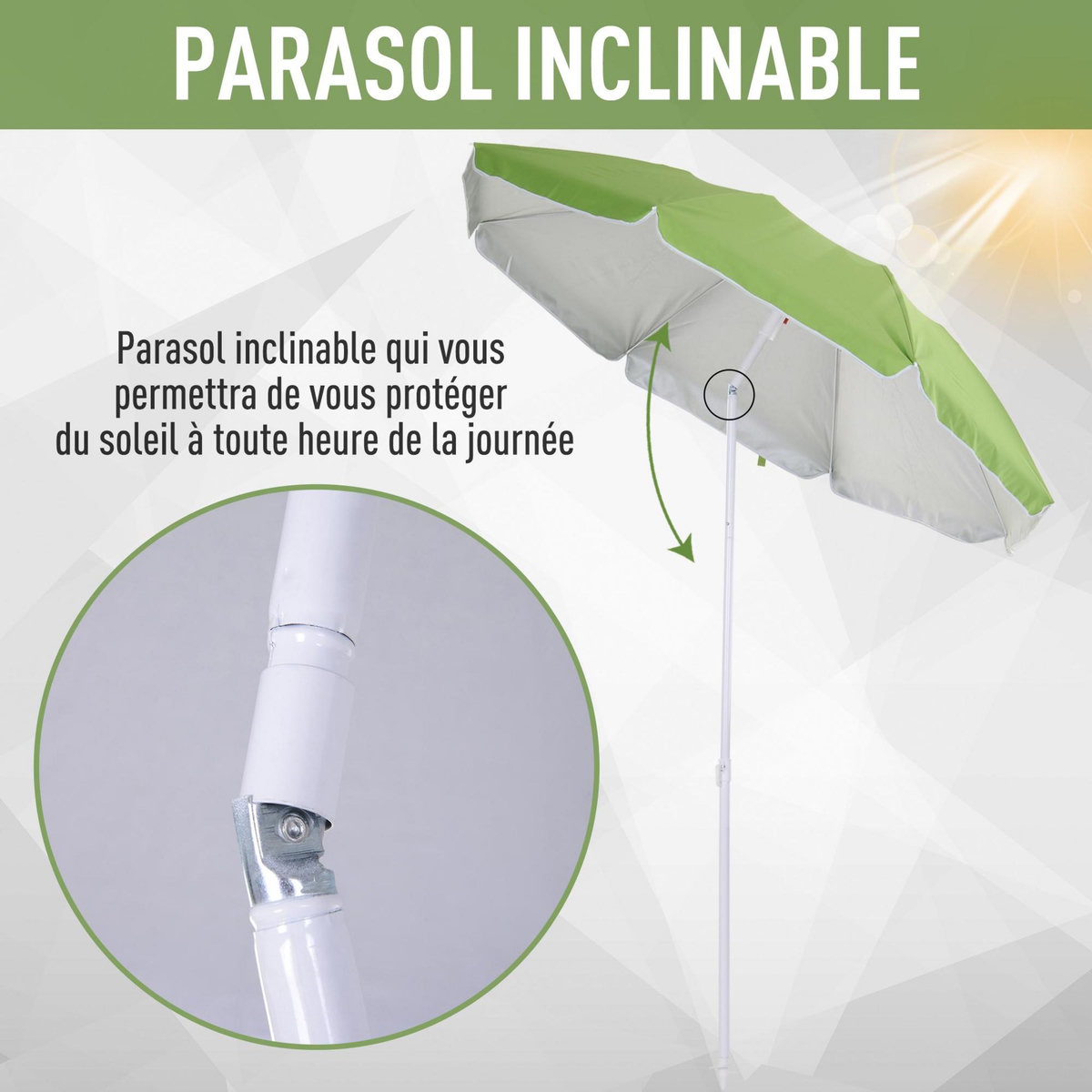 OUTSUNNY Parasol inclinable octogonal de plage Ø 150 cm tissu polyester haute densité anti-UV mât démontable sac de transport inclus vert