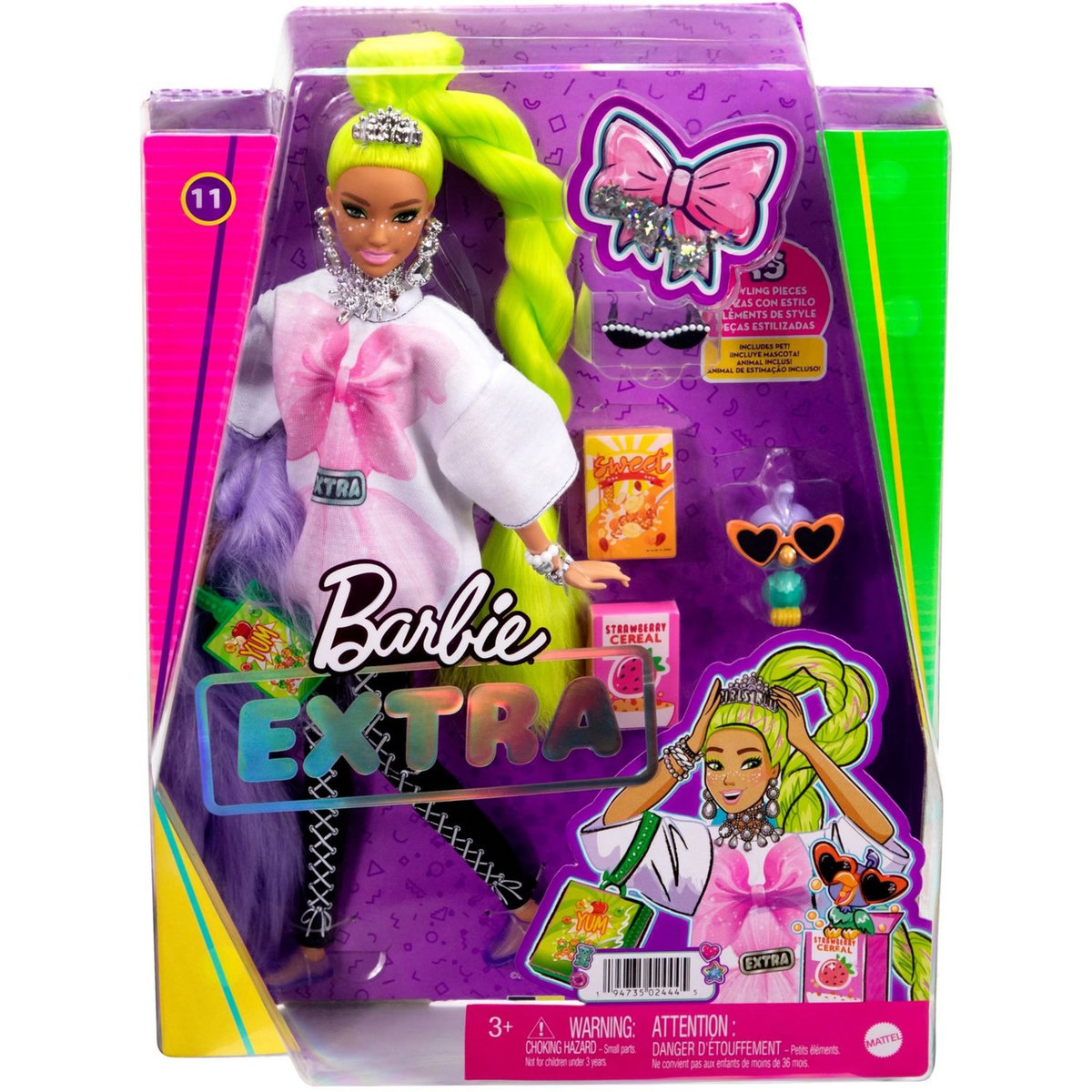 BARBIE Poupée mannequin Barbie Extra natte vert fluo