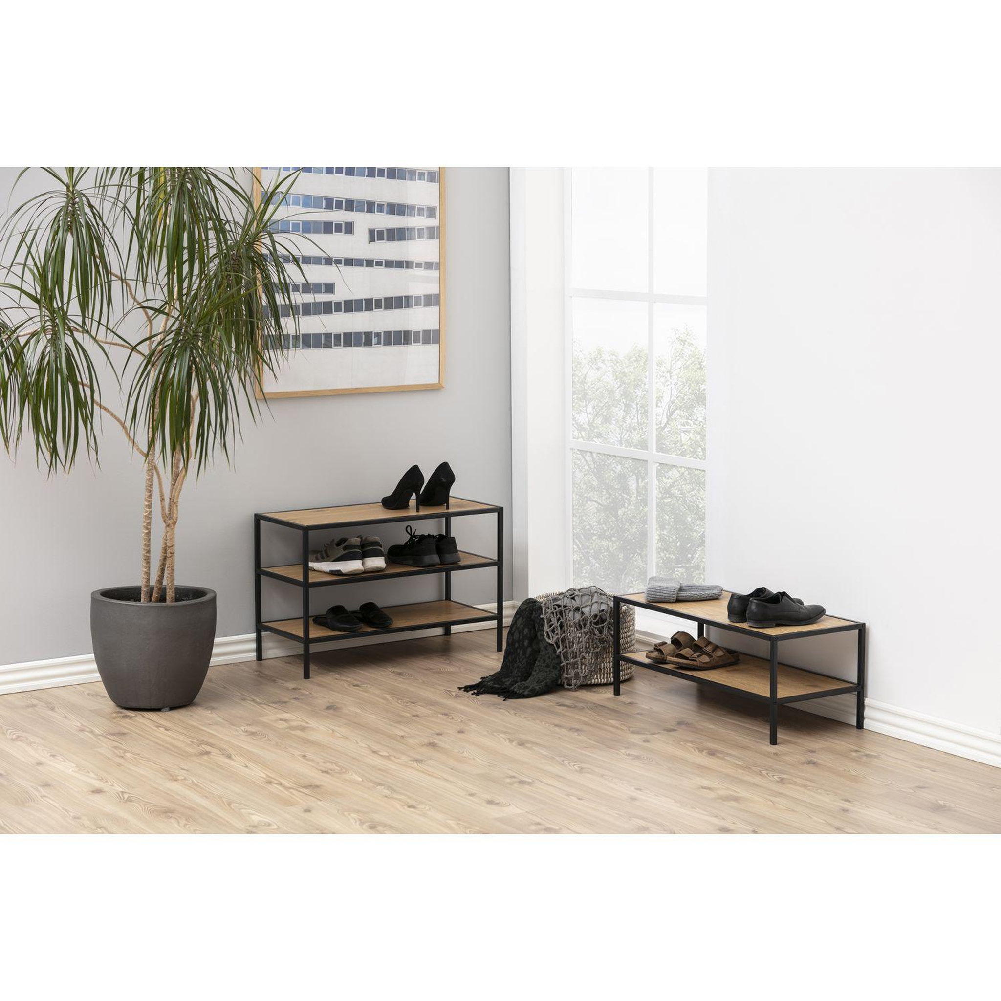 Voir la diapositive 2 : TOILINUX Meuble à chaussures ajouré 2 niveaux en mdf et métal - noir et beige