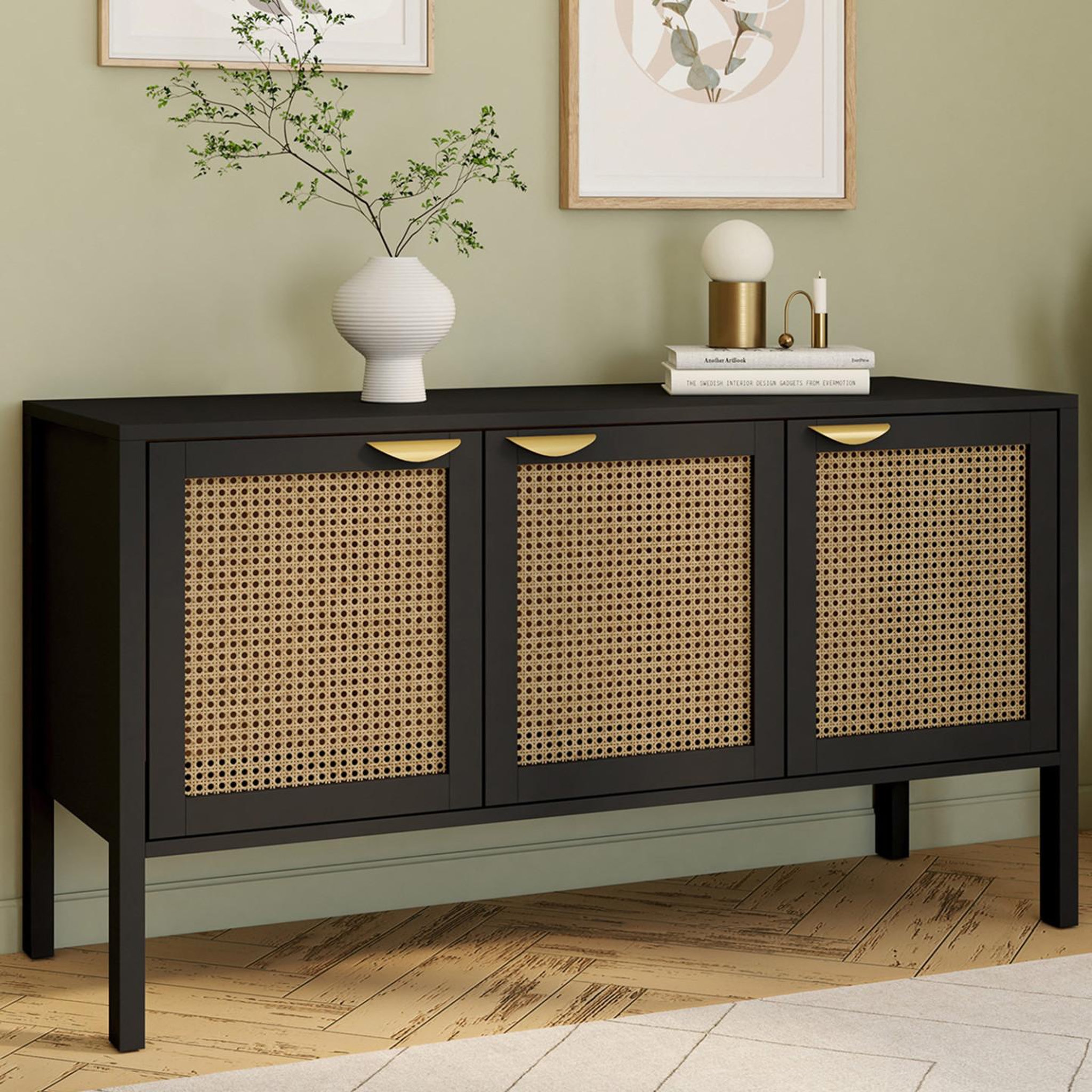 Voir la diapositive 2 : ID MARKET Buffet bas 110 cm edhen 3 portes bois noir et cannage