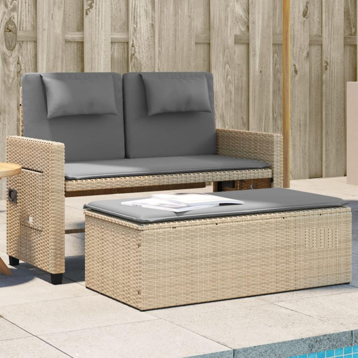 VIDAXL Banc inclinable de jardin avec coussins beige resine tressee