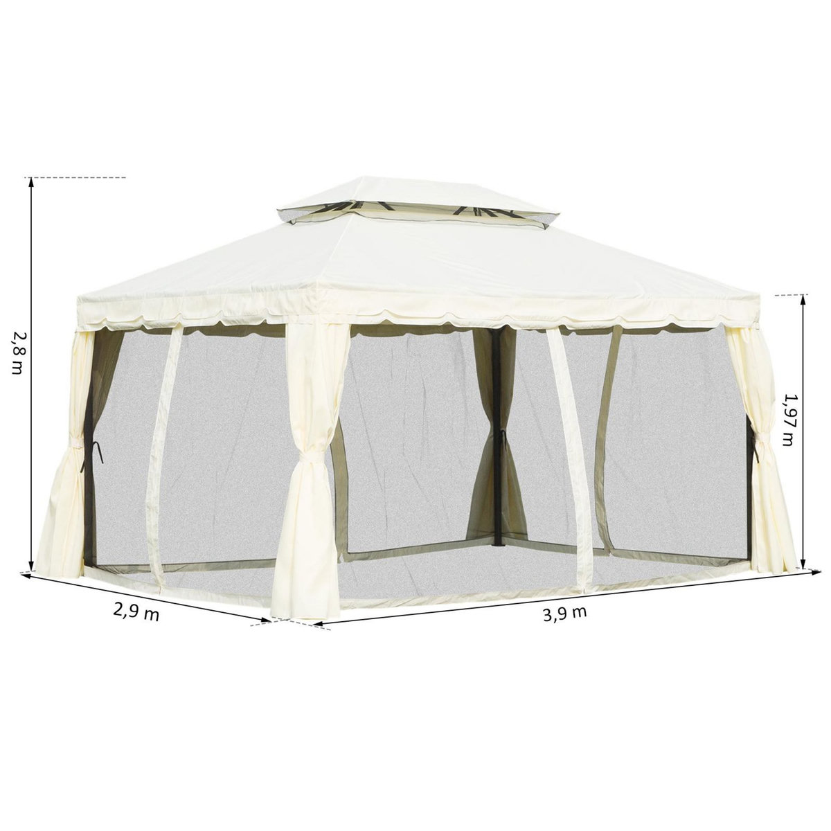 OUTSUNNY Tonnelle barnum pavillon de jardin style colonial double toit toile moustiquaires et toiles amovibles 3,9L x 2,9l x 2,7H m écru