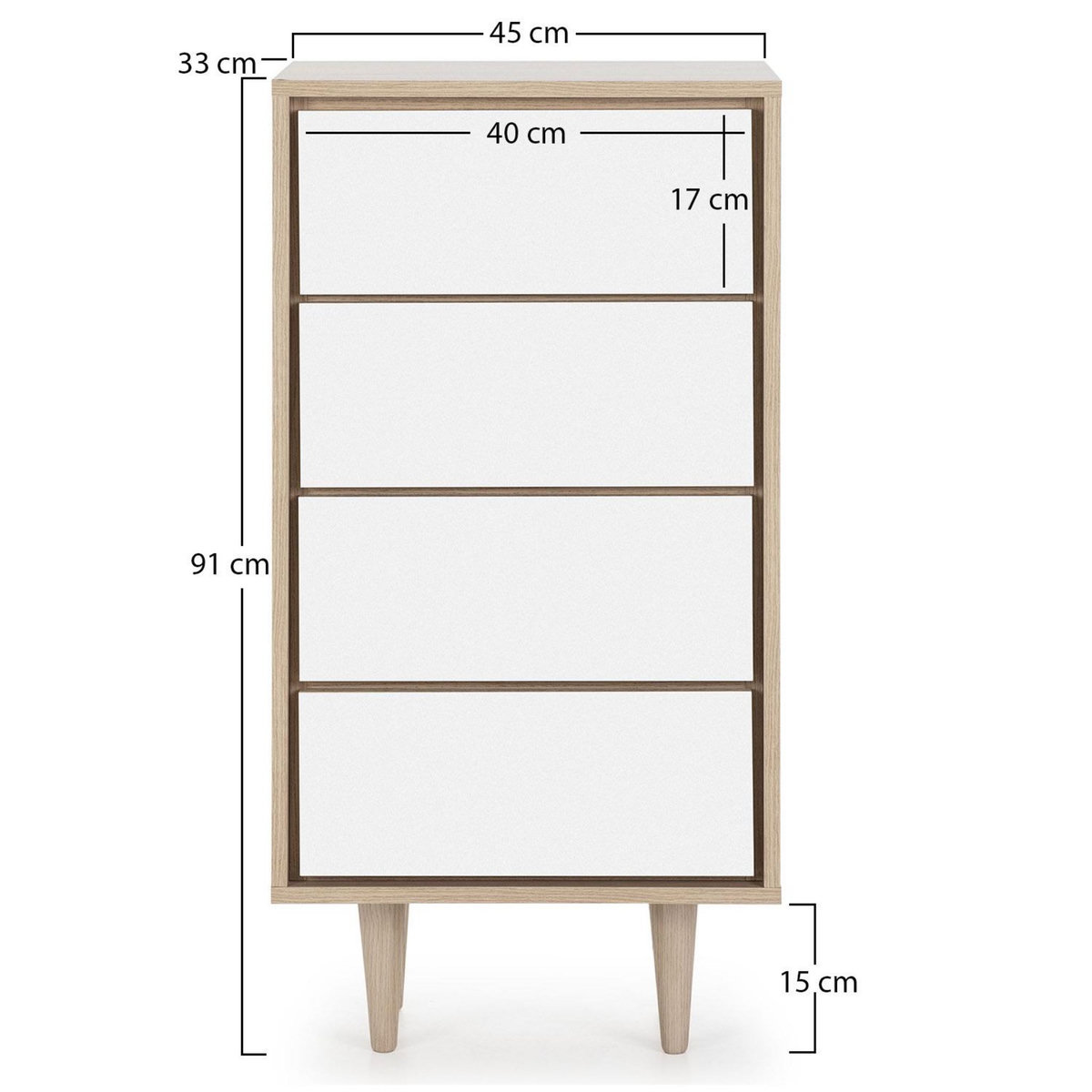 VS VENTA-STOCK Chiffonnier Denia 4 tiroirs Chêne/Blanc, 45 cm Largeur