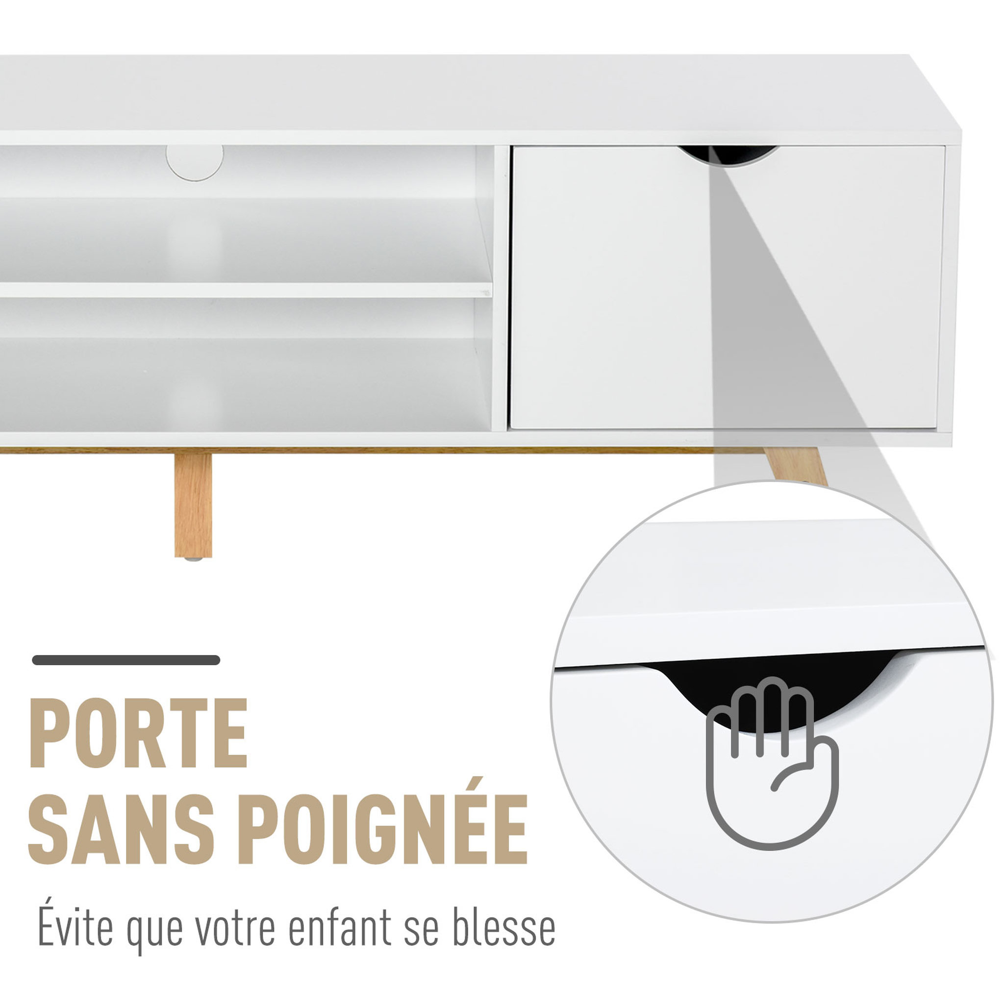 Voir la diapositive 6 : HOMCOM Meuble TV bas sur pied style scandinave 2 portes 2 niches passe-fils panneaux particules MDF blanc bois massif hévéa