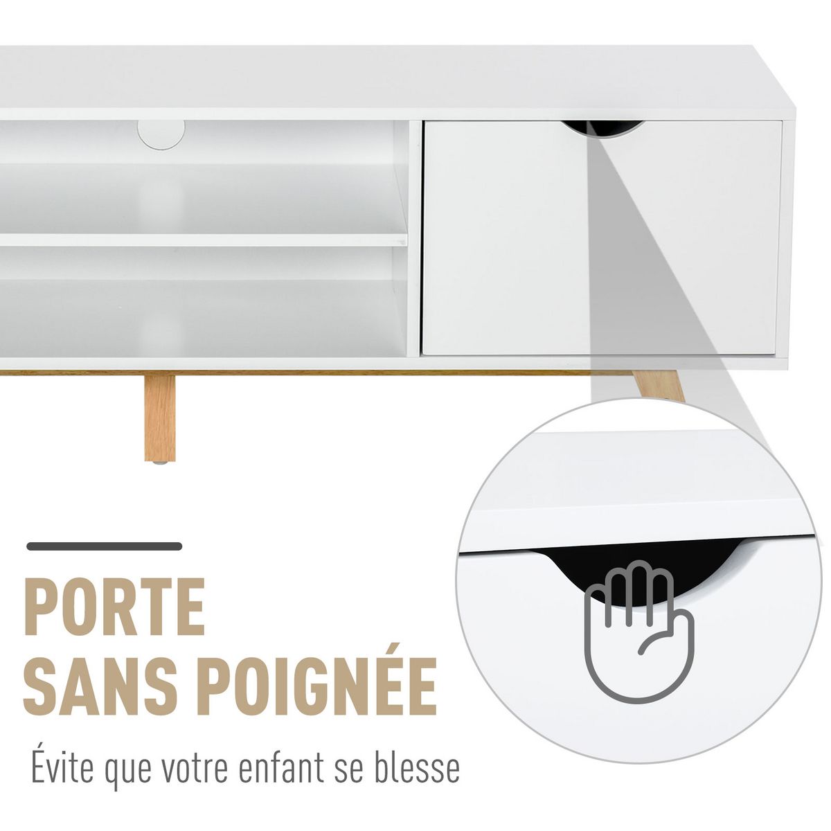 HOMCOM Meuble TV bas sur pied style scandinave 2 portes 2 niches passe-fils panneaux particules MDF blanc bois massif hévéa