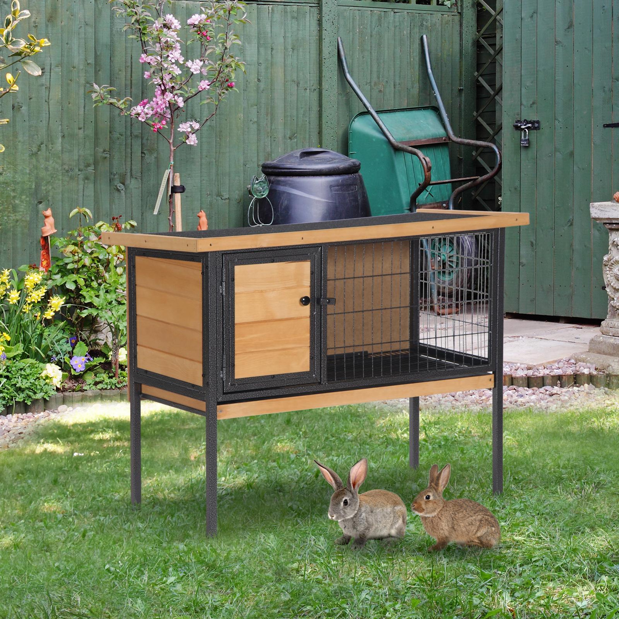 Voir la diapositive 2 : PAWHUT Cage à lapin clapier sur pied - toit ouvrable - dim. 91,5l x 45l x 70h cm - métal époxy bois pré-huilé