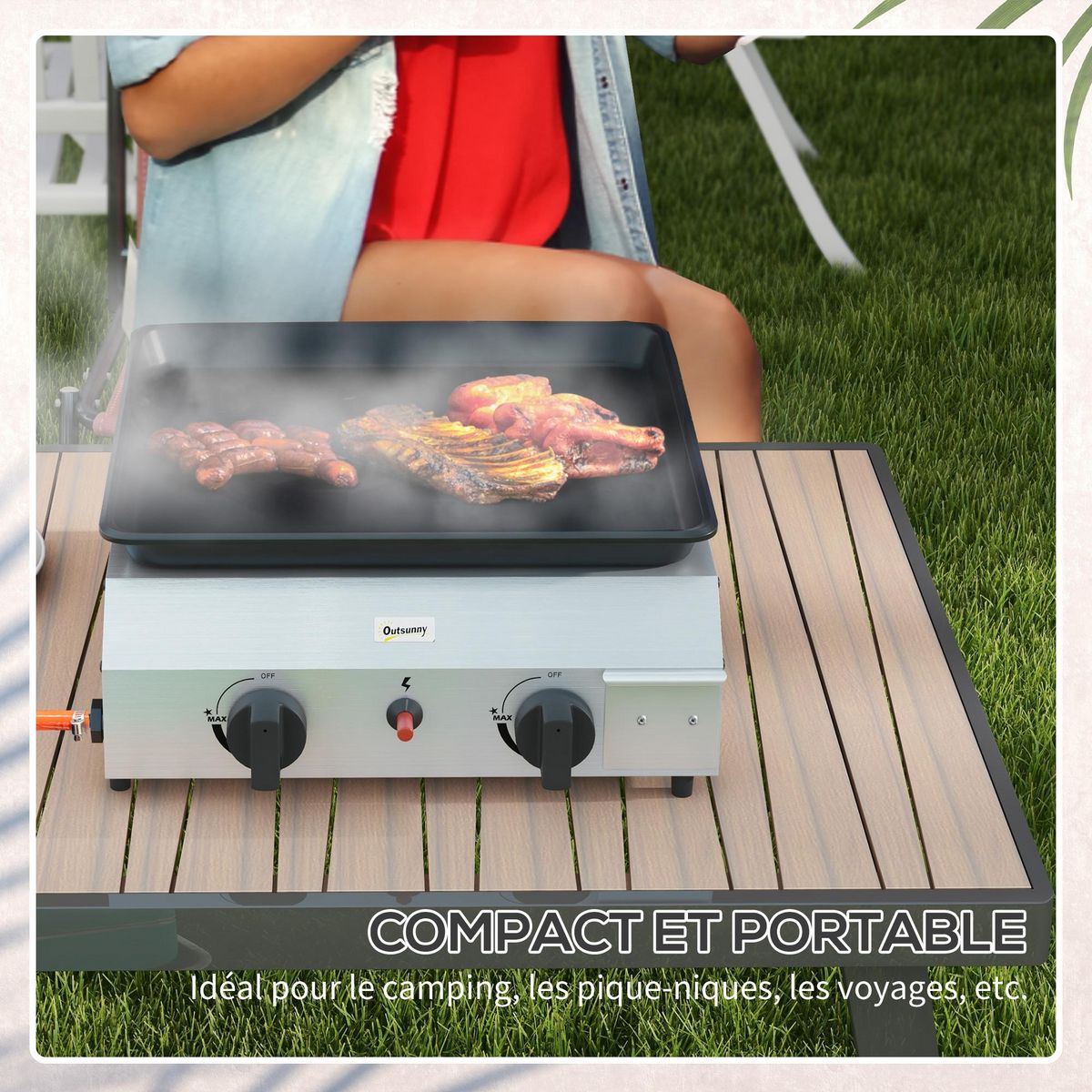 OUTSUNNY Plancha gaz portable antiadhésive 2 brûleurs 4,8 kW surface cuisson 40L x 34l cm acier inox émaillé
